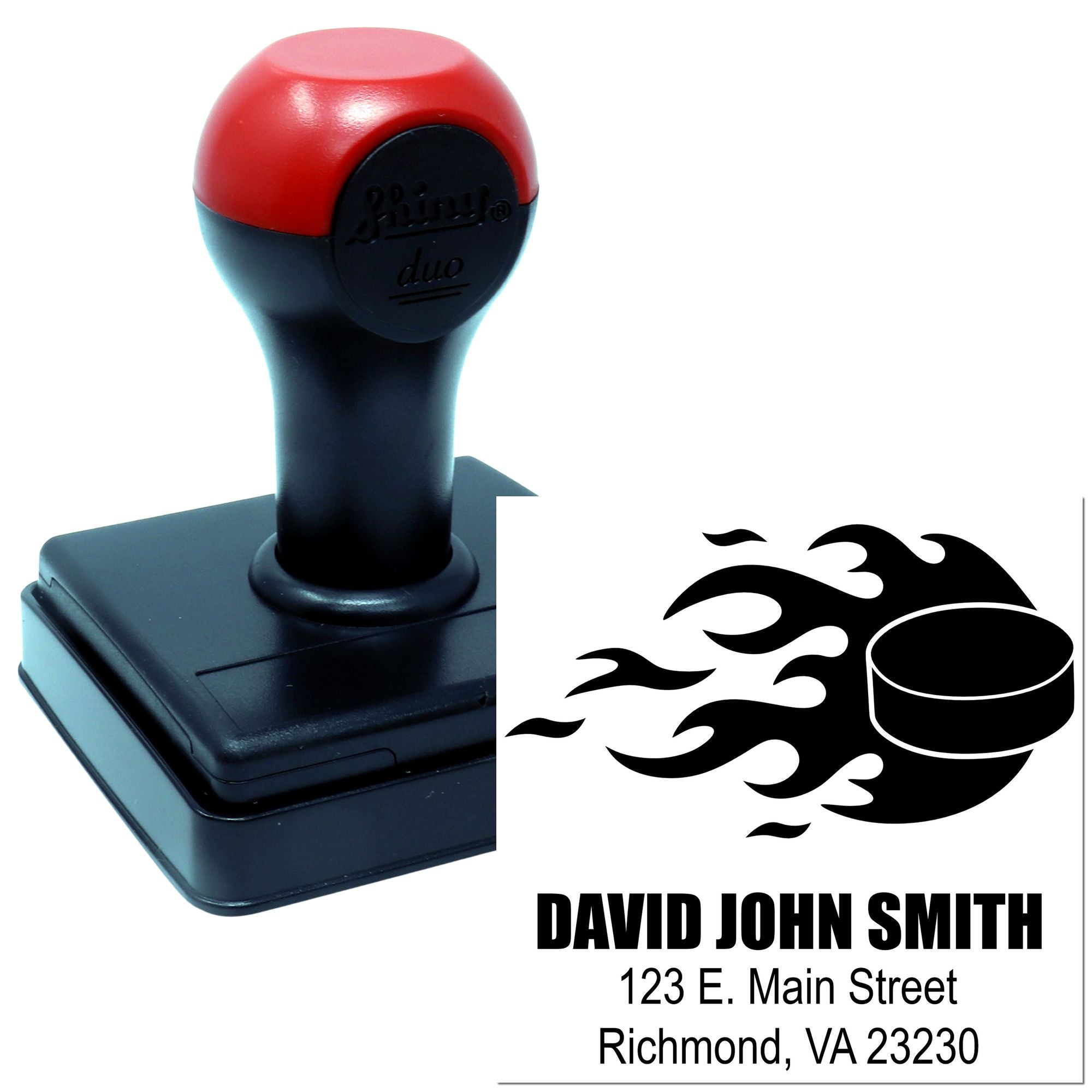 Custom self-inking rubber address stamp with flame logo, name, street address, and city line for mailing.