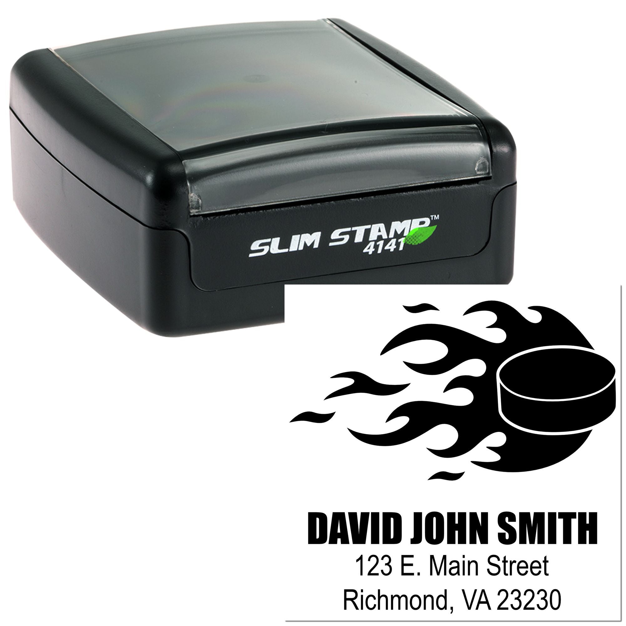 Slim Stamp self-inking rubber stamp with custom name, address, and flame logo imprint for business mailing labels.