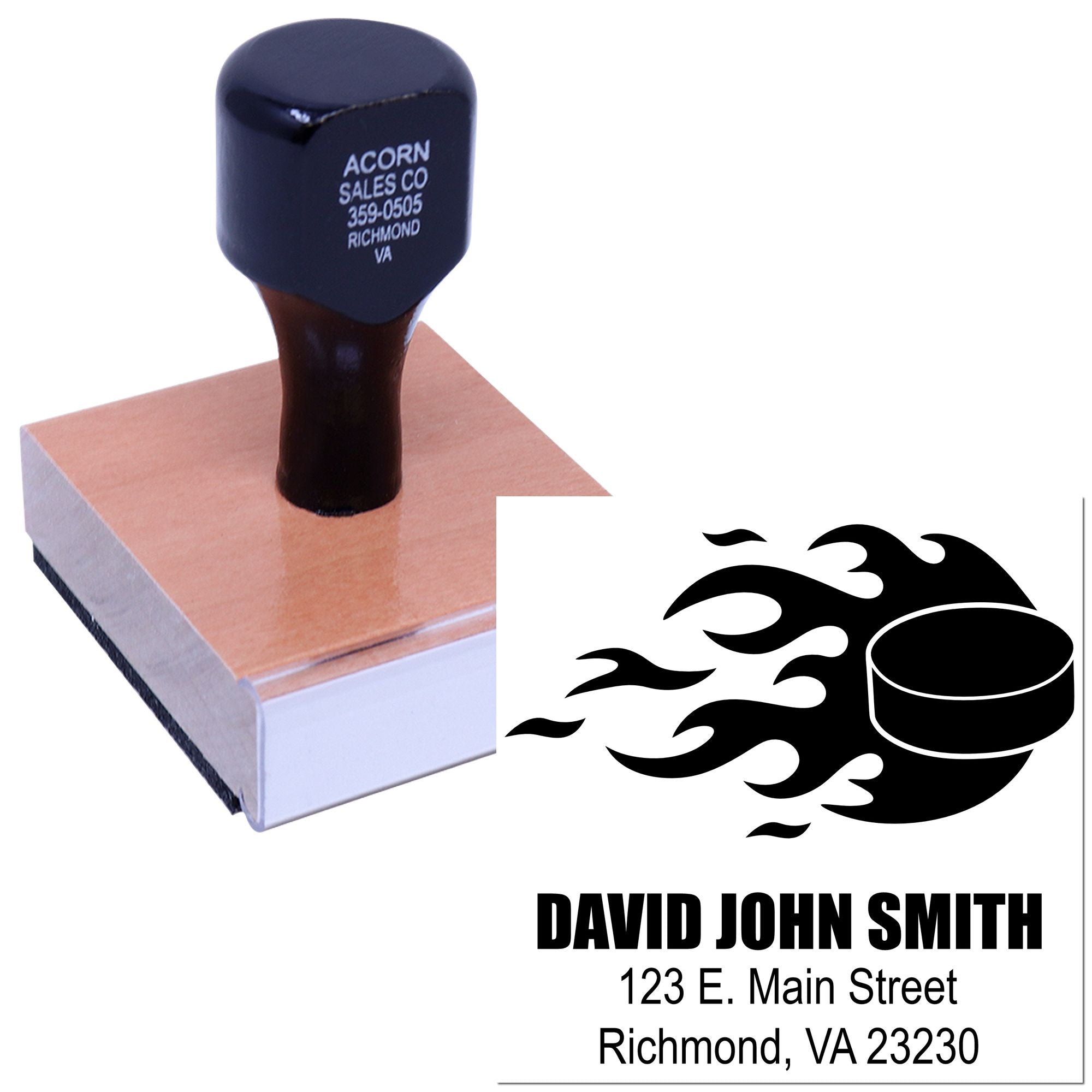 Custom rubber stamp with flame logo and business address for branding, mailing, and packaging.