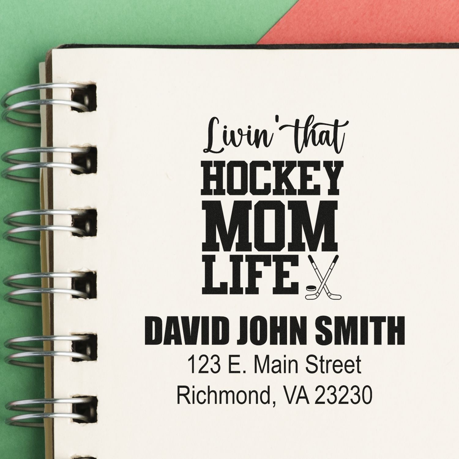 Custom hockey mom rubber stamp with name and address, perfect for personalized stationery and hockey fan gifts.
