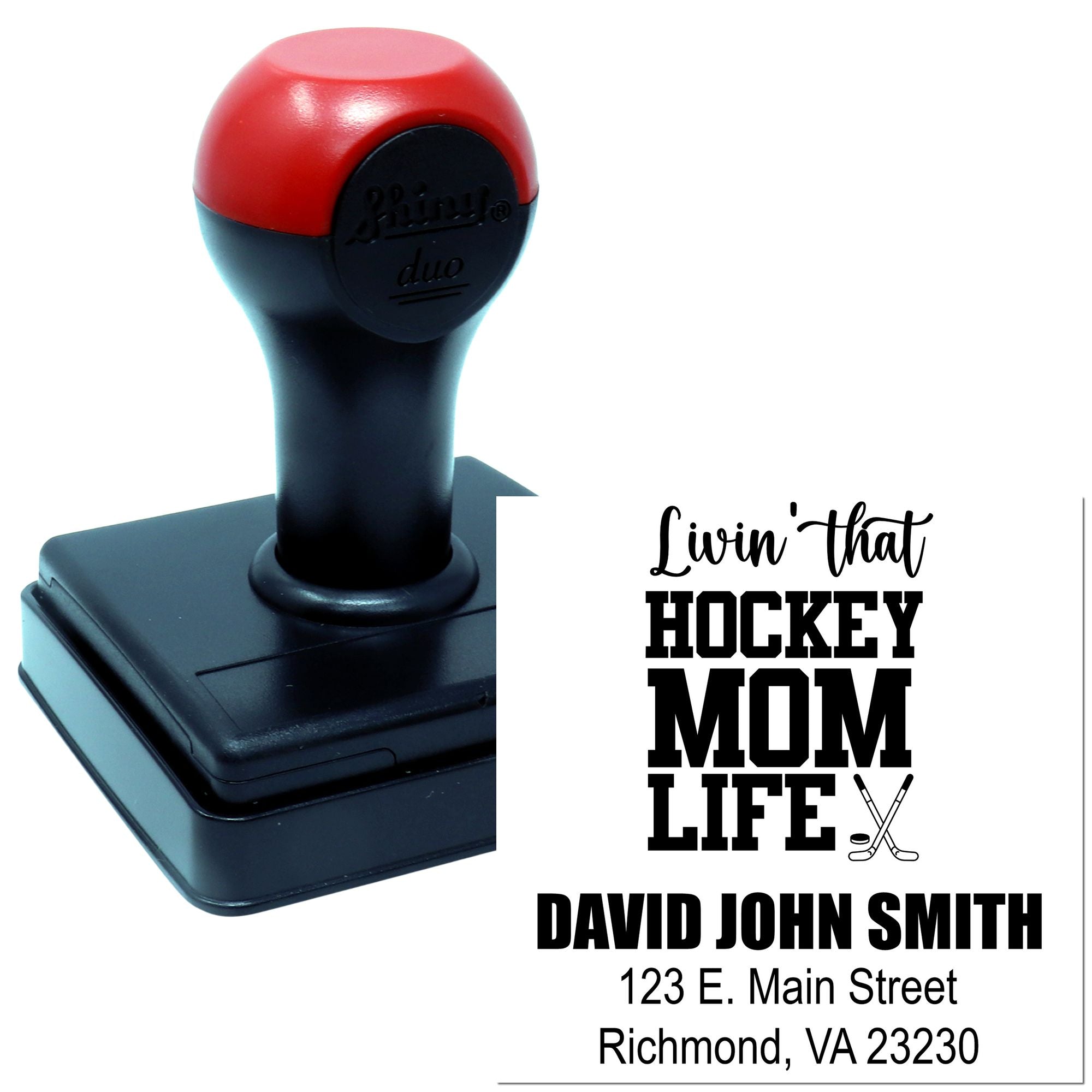 Custom self-inking rubber stamp with Livin that Hockey Mom Life and name/address for personalized hockey mom stationery.