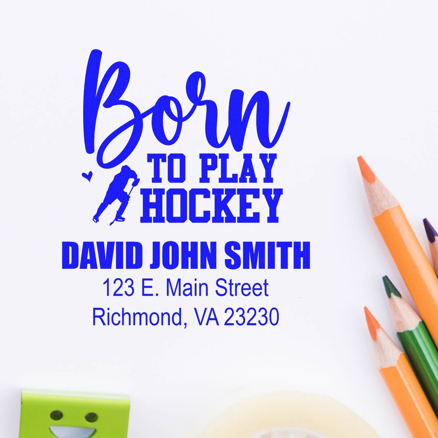 Custom hockey return address rubber stamp with Born to Play Hockey design for David John Smith, Richmond, VA.