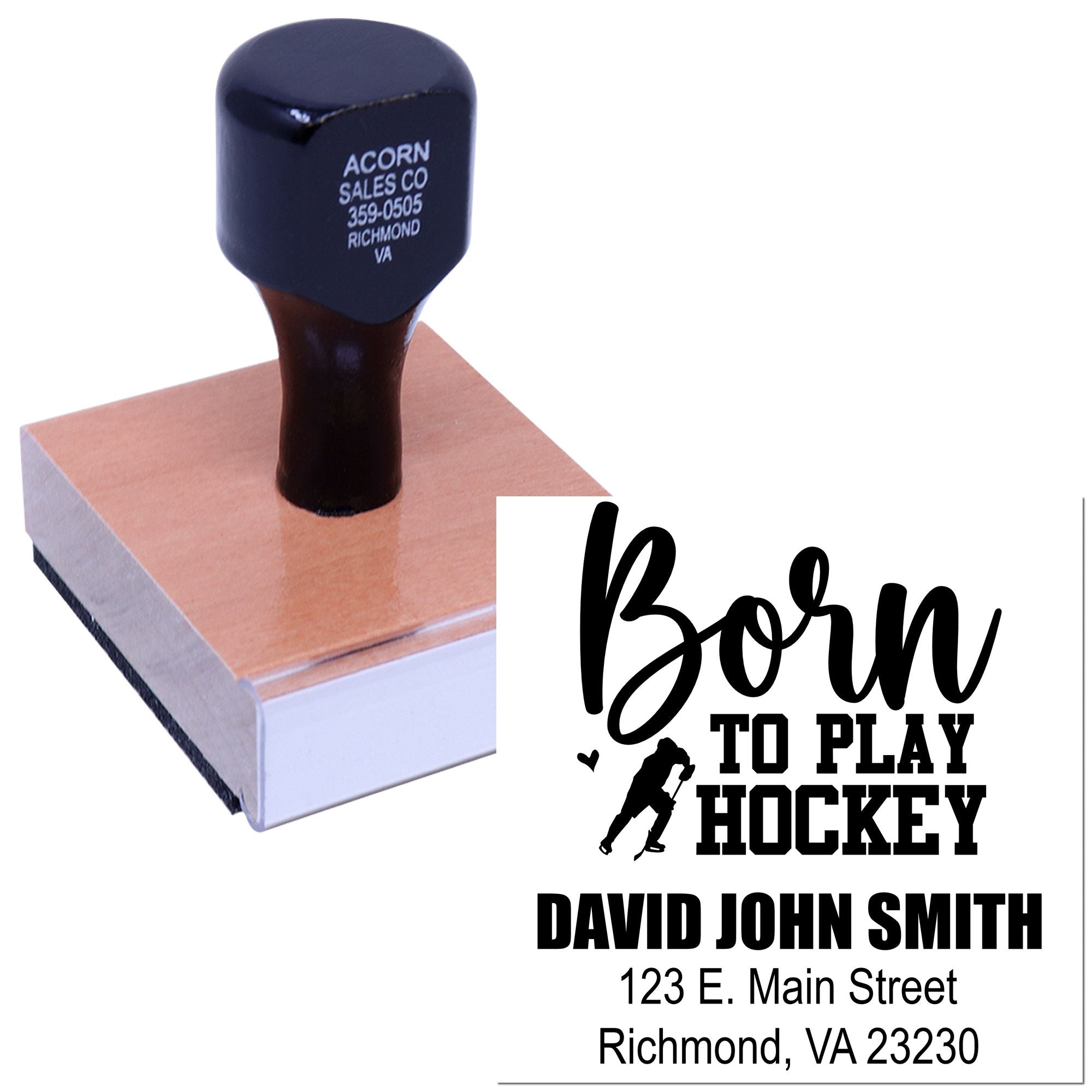 Custom hockey rubber stamp with Born to Play Hockey design, personalized name, and address.