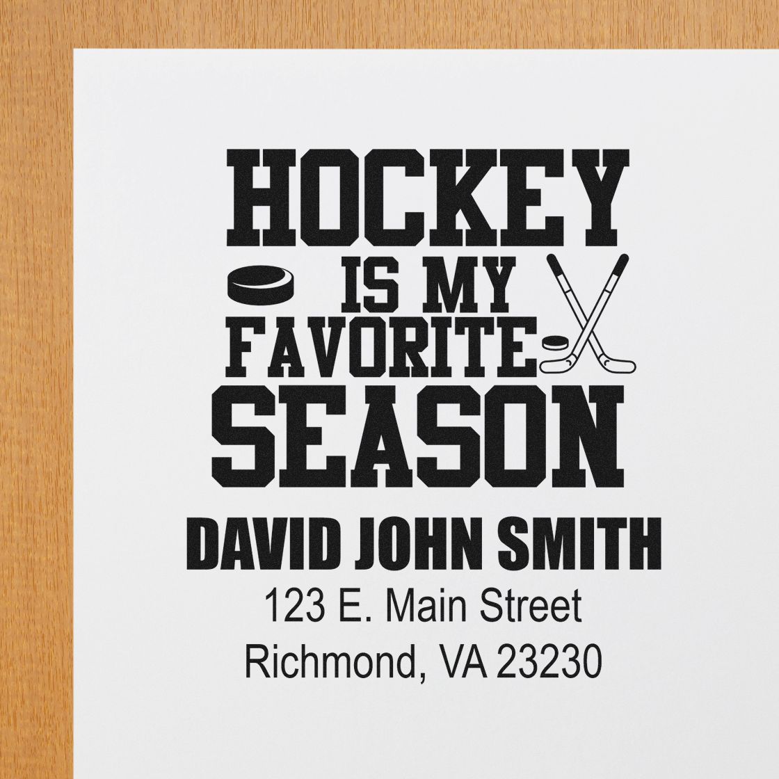 Personalized hockey rubber stamp design with name and address, perfect for fan mail, stationery, and seasonal gifts.