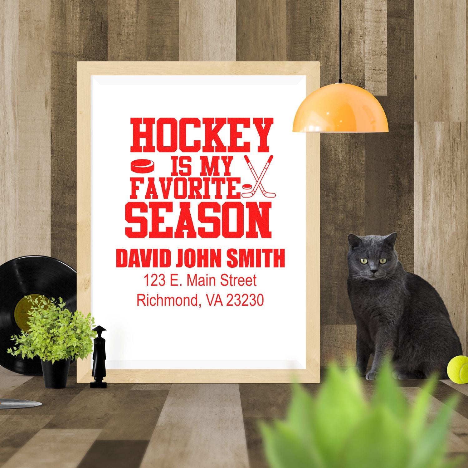 Custom hockey rubber stamp design with Hockey Is My Favorite Season and personalized name and address.