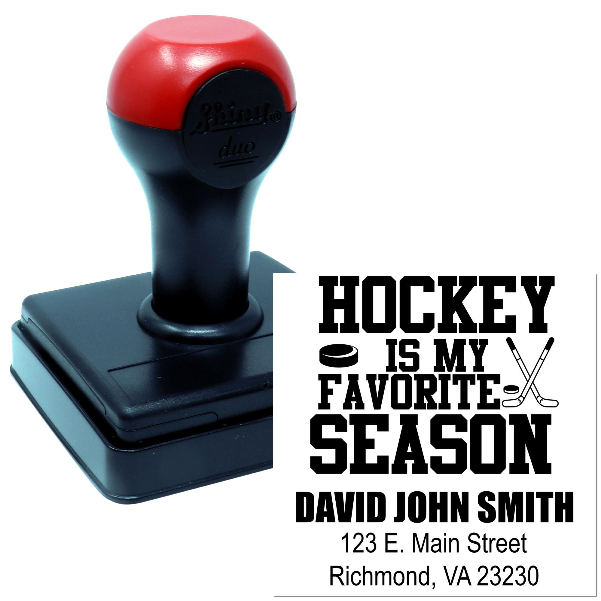 Custom hockey self-inking rubber stamp with Hockey Is My Favorite Season design, personalized with name and address.