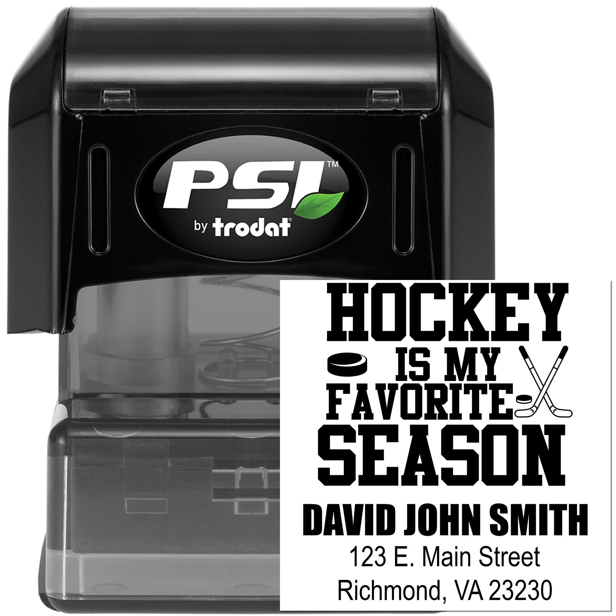 Custom hockey self-inking rubber stamp by PSI Trodat with personalized name and address imprint.