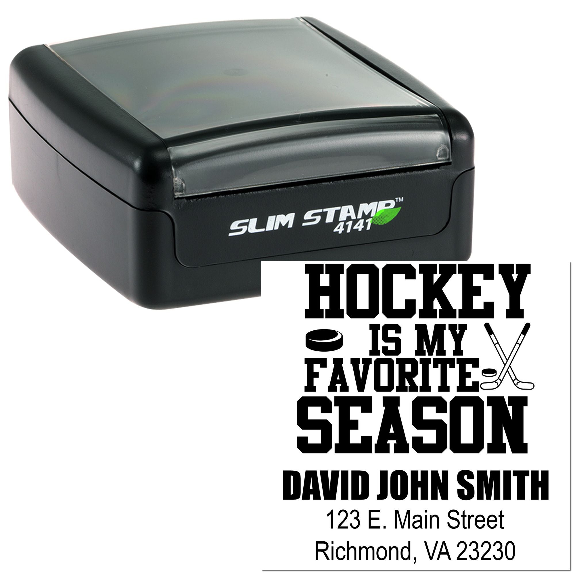 Custom hockey rubber stamp with Hockey Is My Favorite Season design, name, and address for personalized stamping.