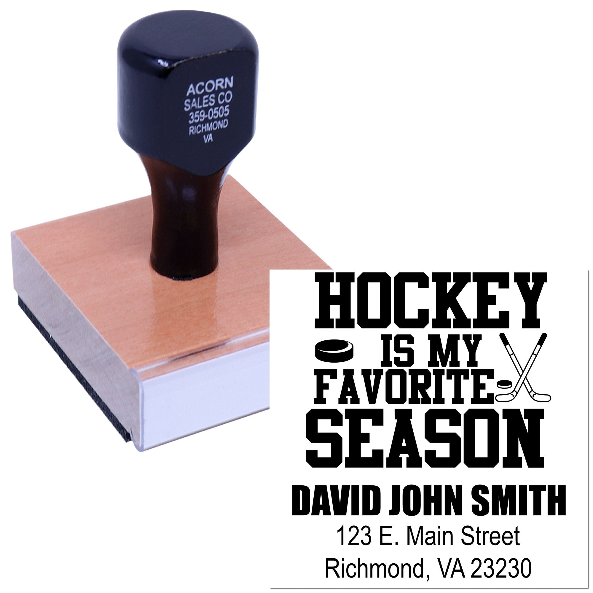 Custom hockey rubber stamp featuring Hockey Is My Favorite Season with personalized name and address.