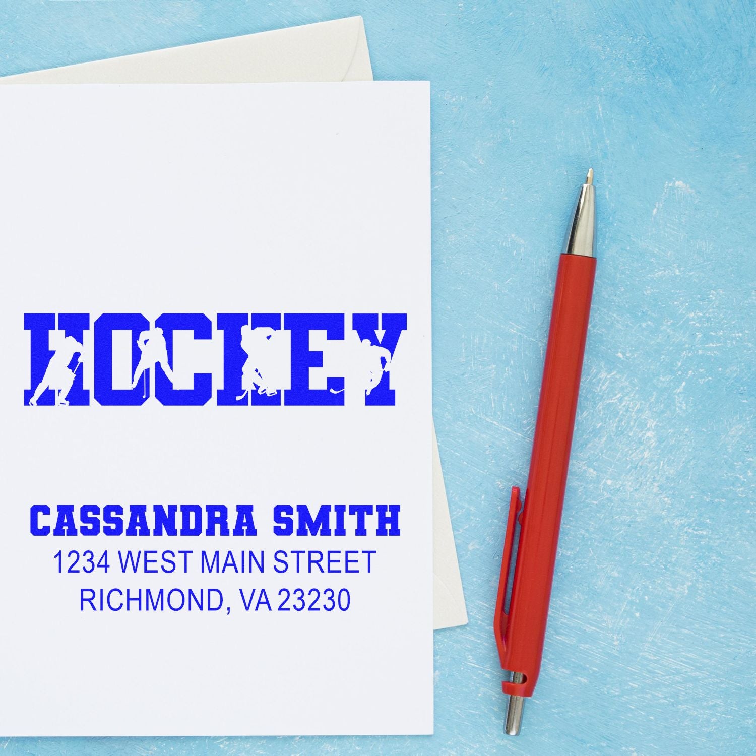 Custom hockey rubber stamp with name and address for personalized stationery and mail.