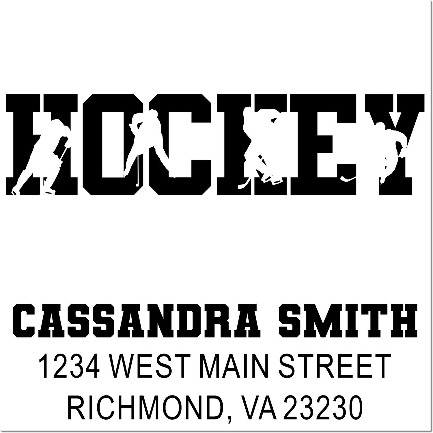 Custom hockey return address rubber stamp with player silhouettes, Cassandra Smith, and Richmond, VA 23230.