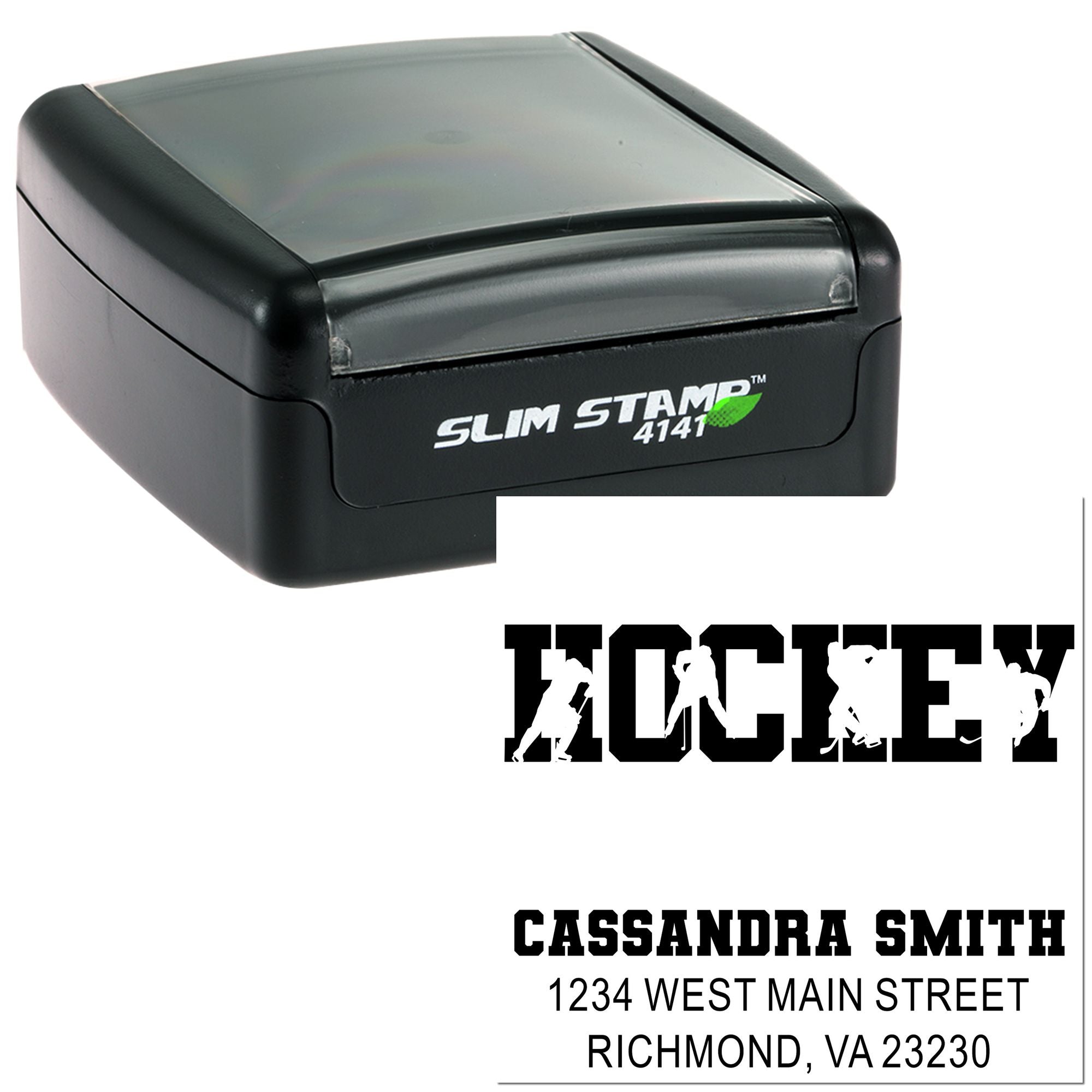 Personalized hockey address rubber stamp with slim self-inking stamper and custom name, street address, and city.