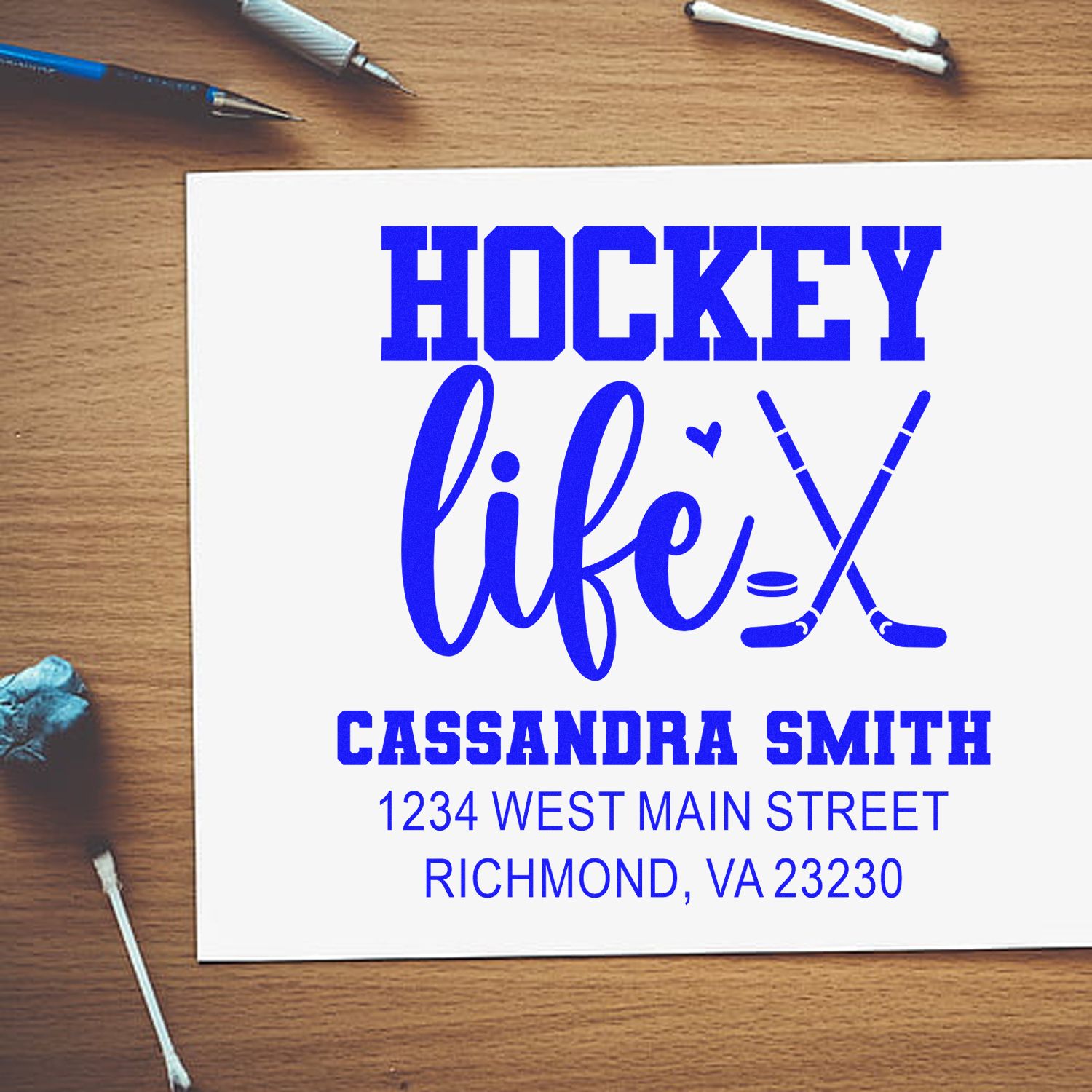 Custom hockey life rubber stamp with name and address for Cassandra Smith, Richmond, VA, featuring hockey-themed graphic.