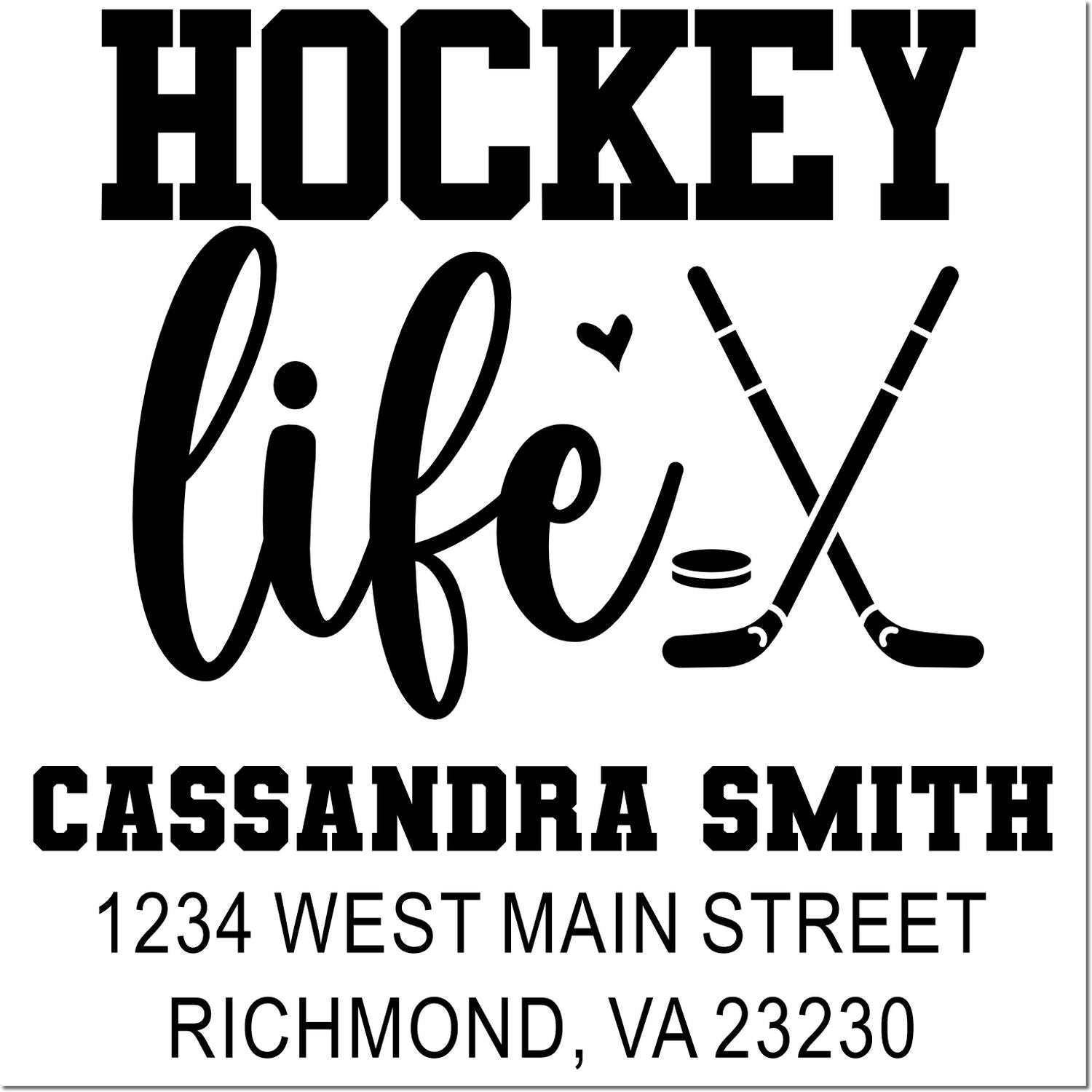 Custom hockey life address rubber stamp with hockey sticks, Cassandra Smith, and Richmond, VA return address.