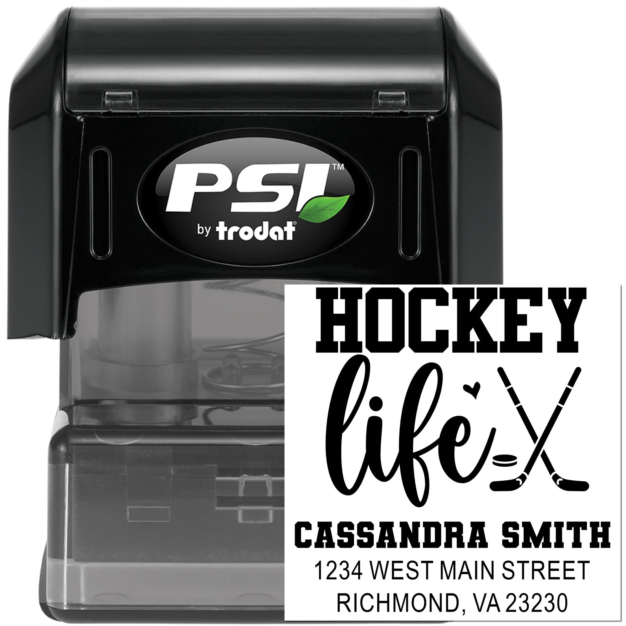 Custom self-inking hockey rubber stamp by PSI Trodat with name, address, and hockey life design for personalized mailing.