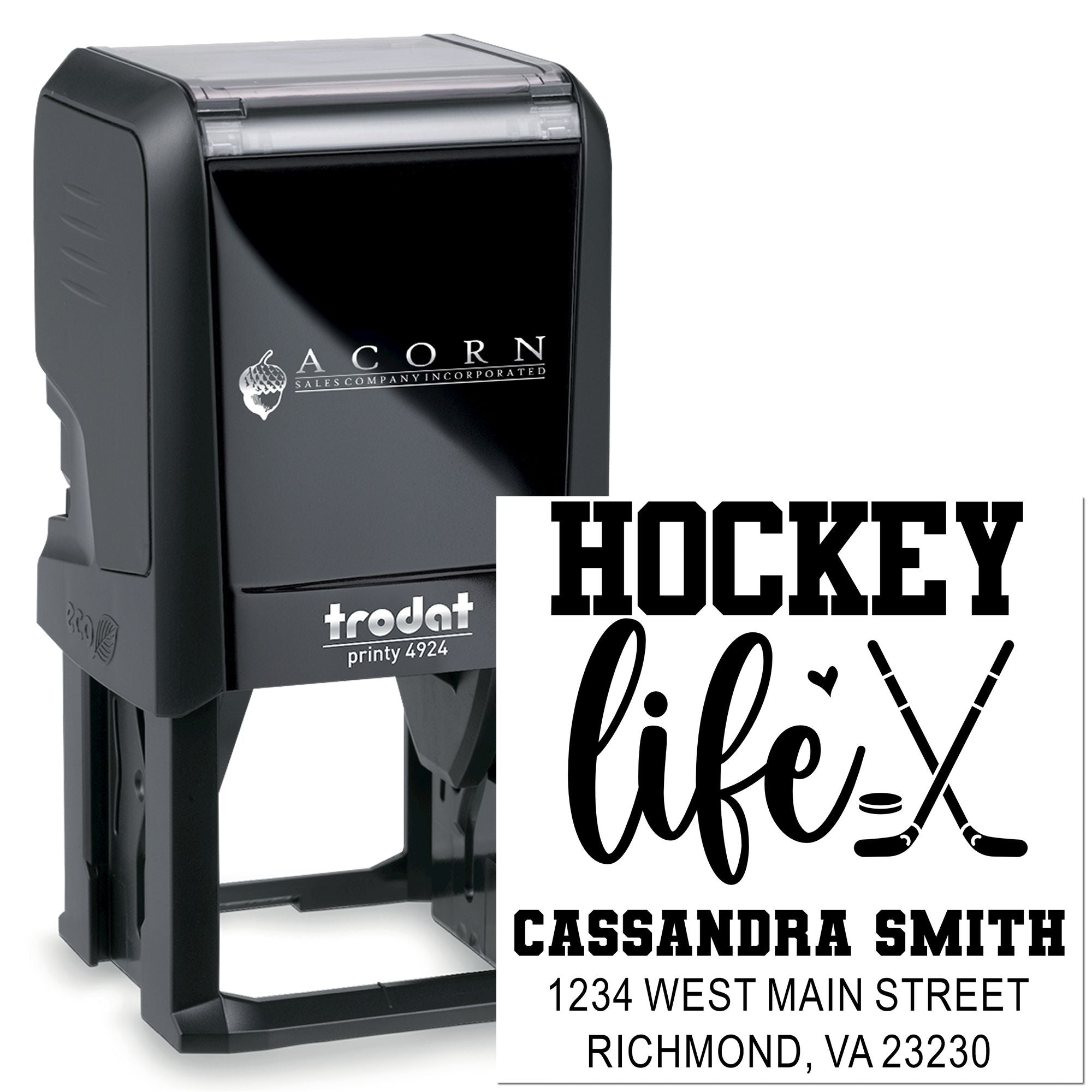 Custom hockey life address rubber stamp, self-inking Trodat stamp with name and address for personalized mailings.