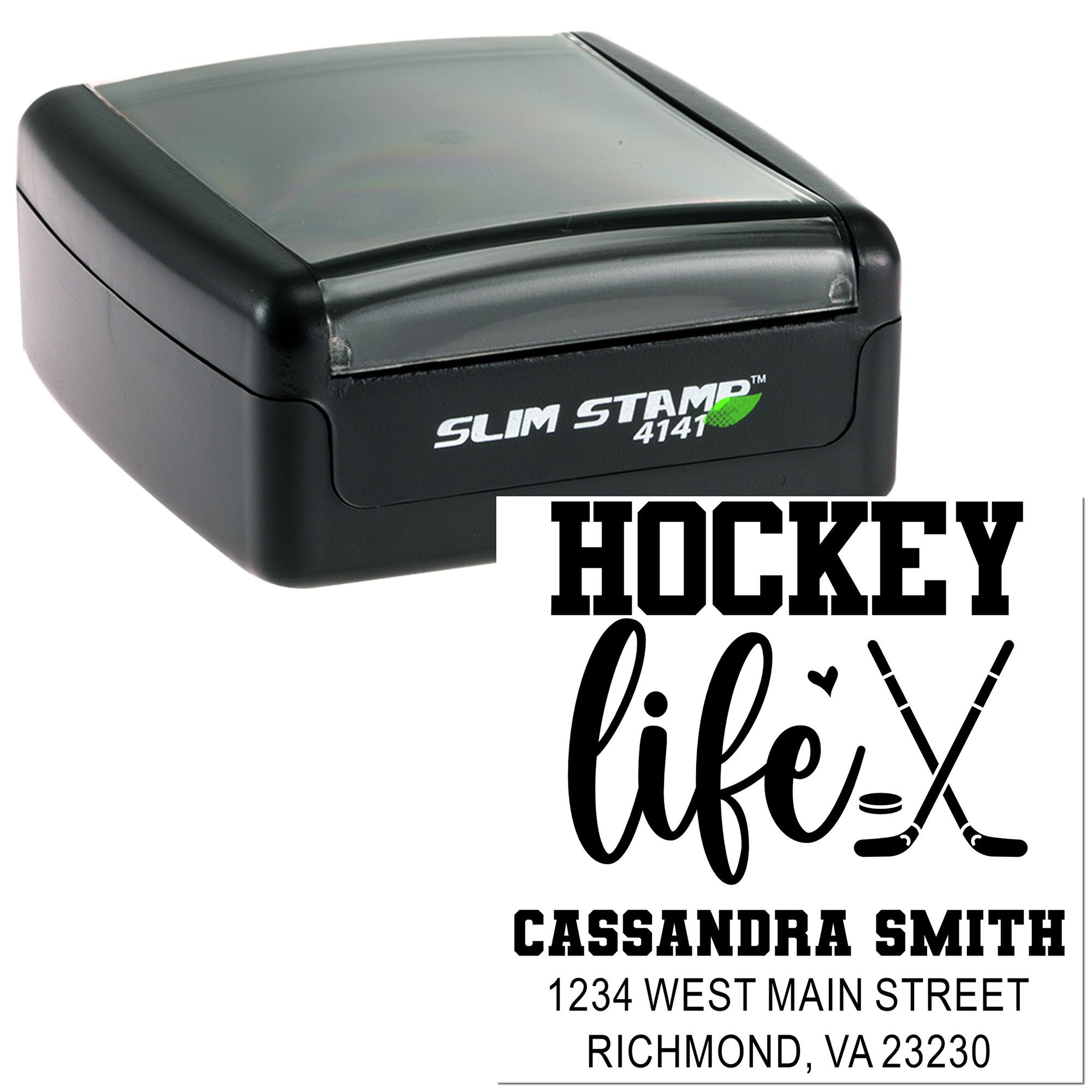 Custom hockey life rubber stamp with name and address, perfect for personalized sports mail and stationery.