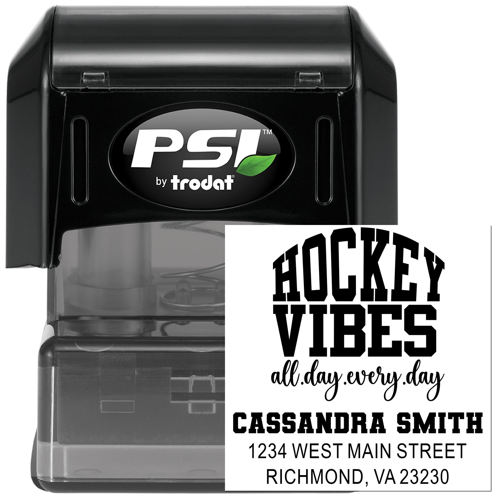 Custom hockey vibes self-inking rubber address stamp by PSI Trodat with name and mailing address for personalized mailing use.