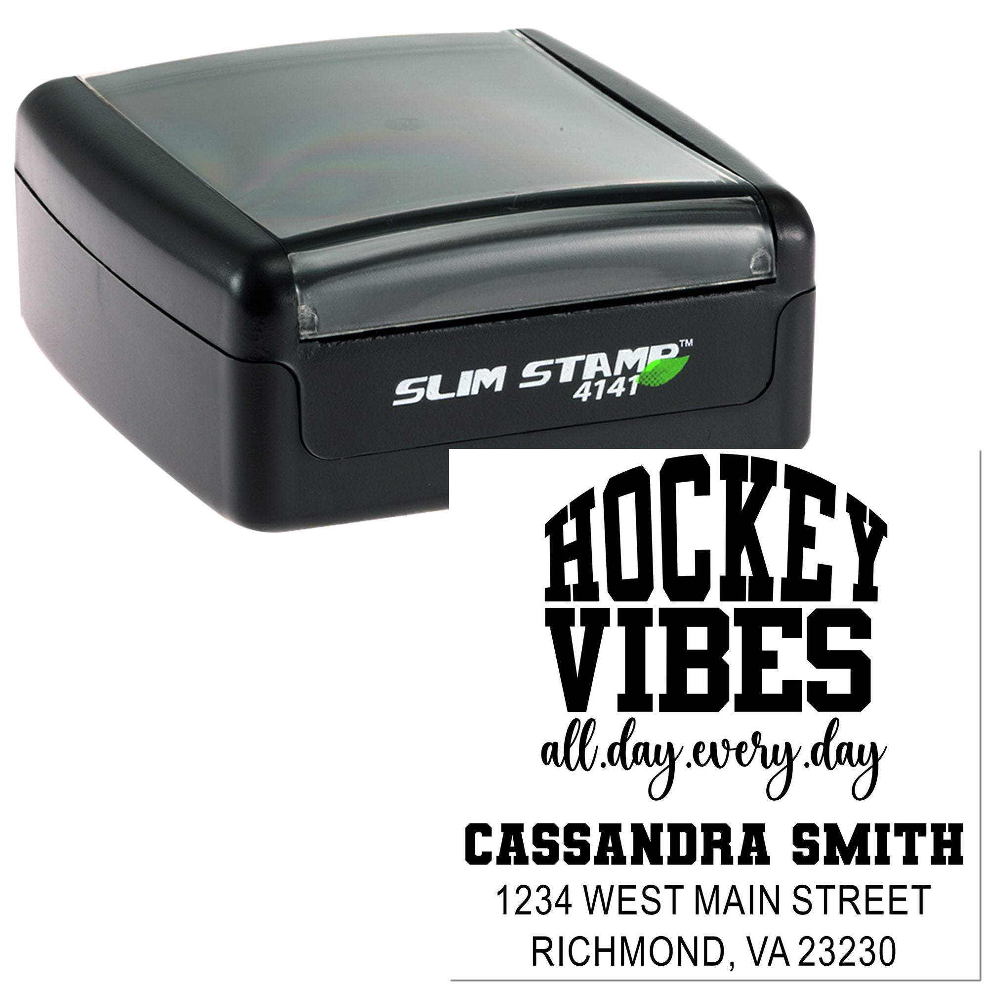 Personalized Slim Stamp rubber stamp with Hockey Vibes design and name/address imprint for custom return address use.