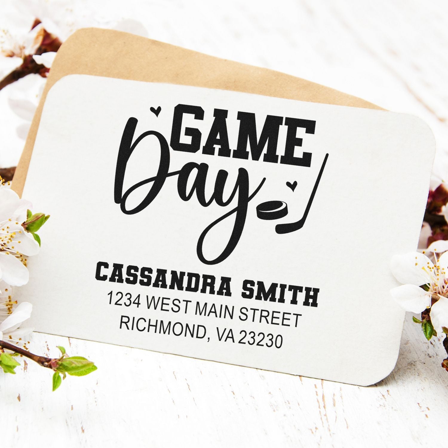 Custom Game Day rubber stamp with name and address for personalized mail, invitations, and packaging.