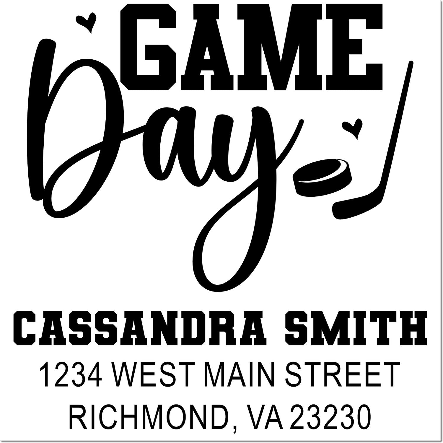 Football game day custom rubber stamp with Game Day! design, Cassandra Smith, and Richmond, VA address.