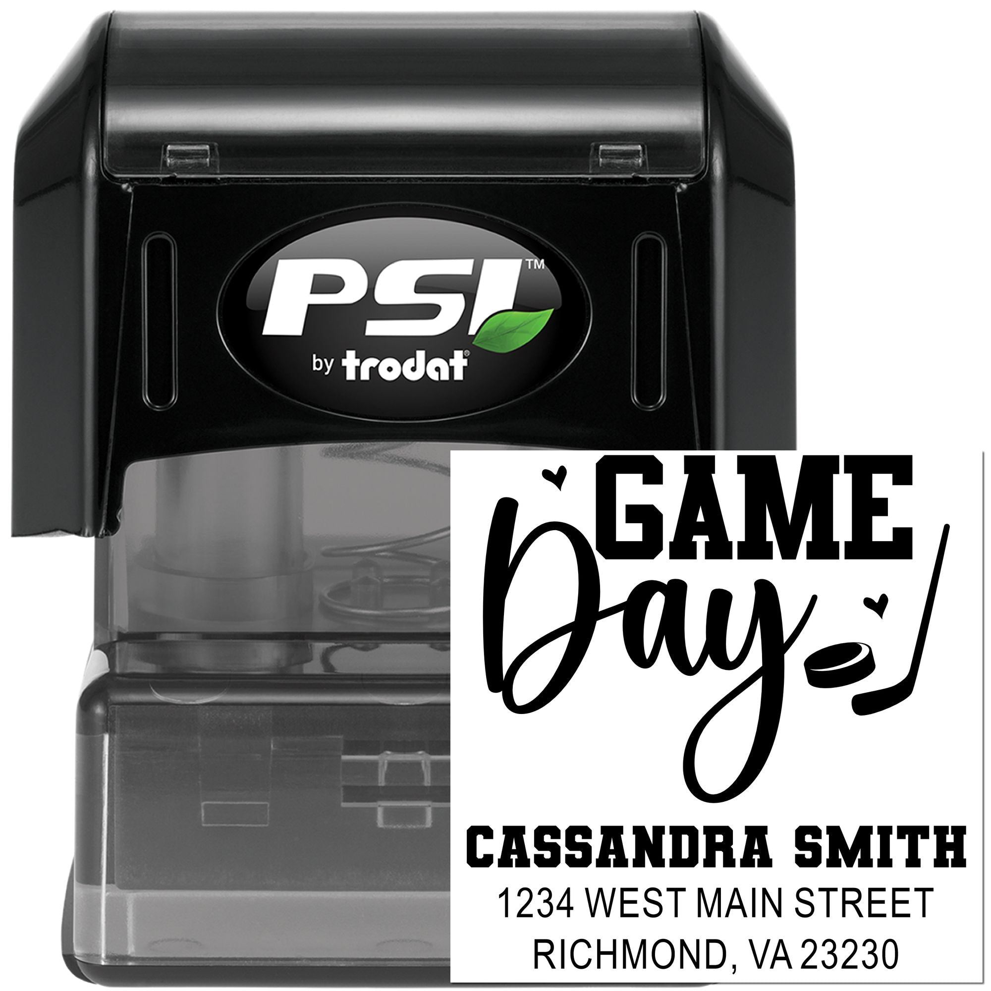 Personalized self-inking rubber stamp with Game Day design and custom name/address, PSI by Trodat.