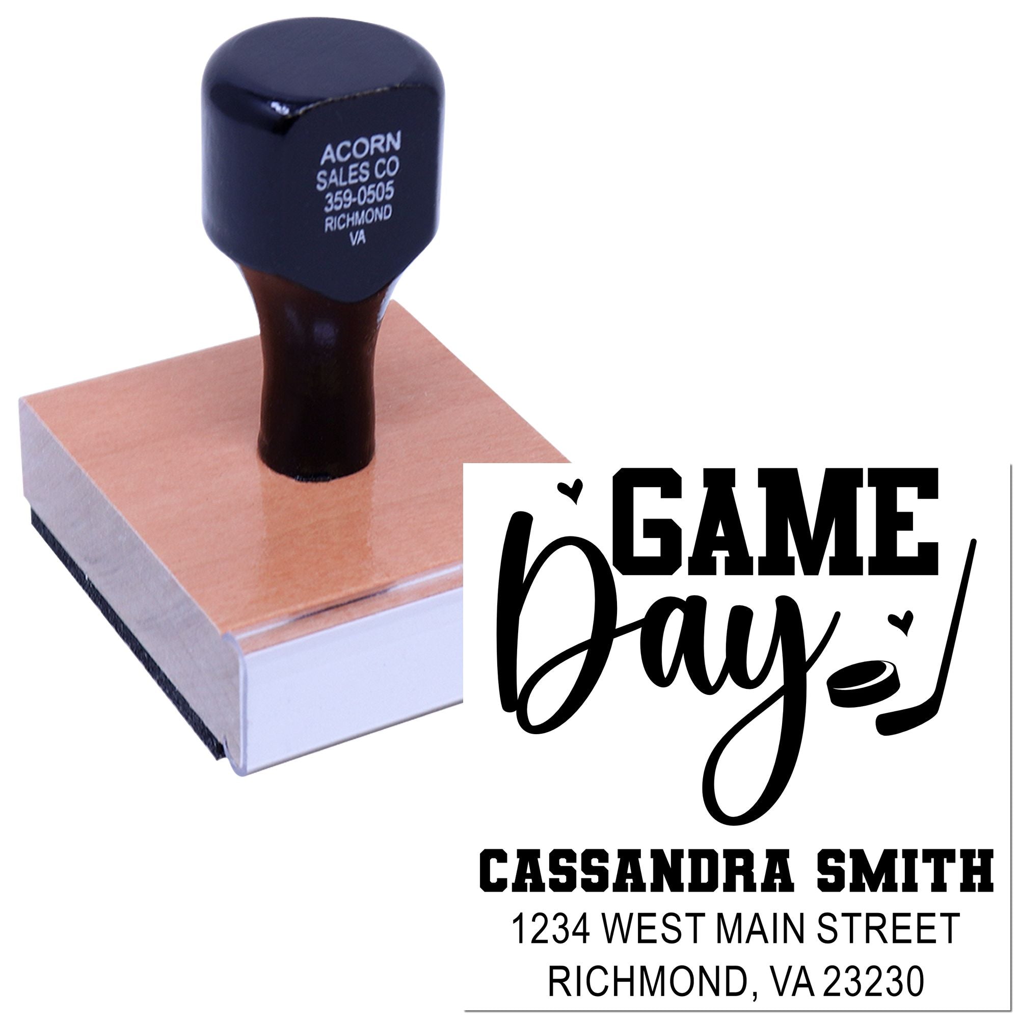 Custom Game Day rubber stamp with personalized return address, ideal for sports-themed cards, packages and invitations.