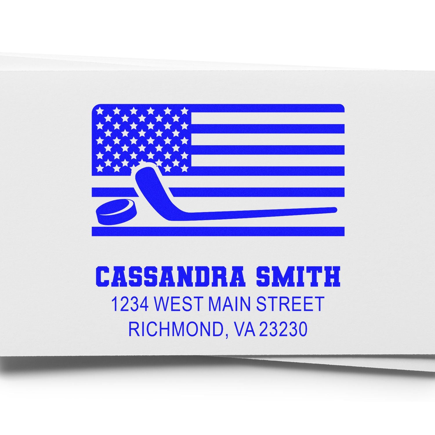 Custom return address rubber stamp with patriotic USA hockey design for Cassandra Smith, Richmond, VA 23230