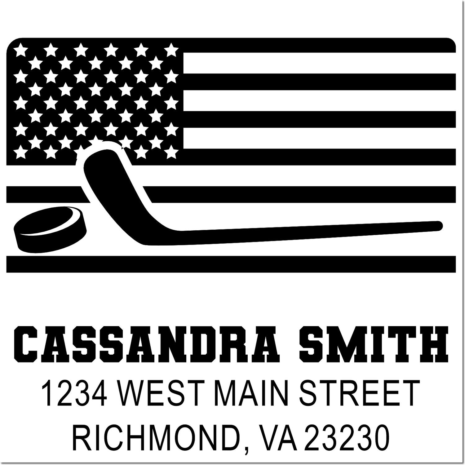 Custom hockey address rubber stamp with American flag, stick and puck for Cassandra Smith, Richmond, VA 23230