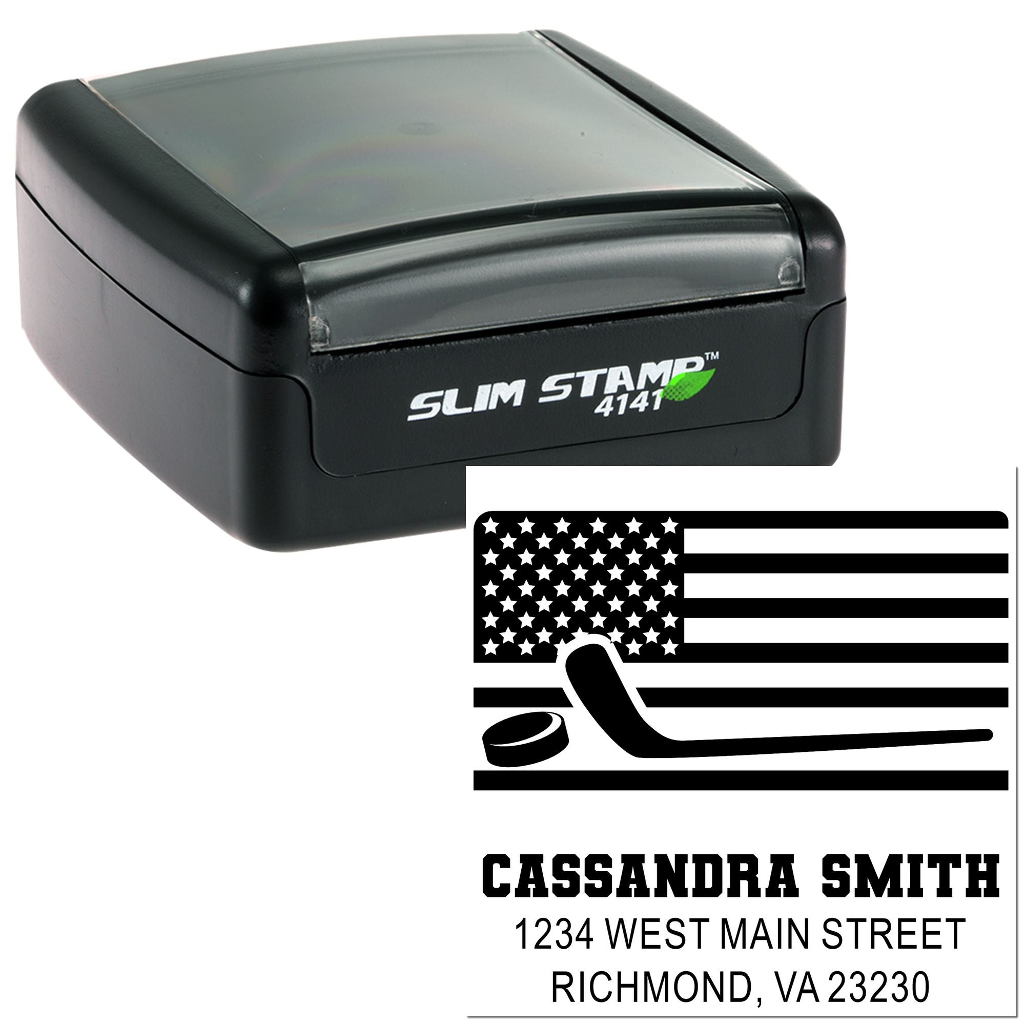 Custom self-inking rubber return address stamp with patriotic hockey design and personalized mailing details.