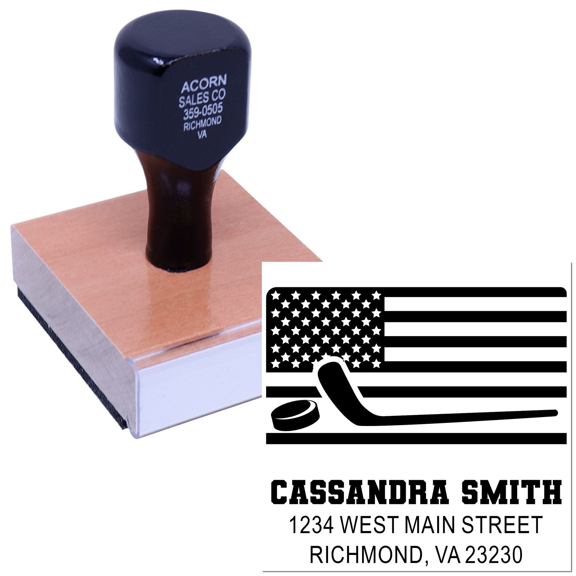 Custom rubber stamp for name and address imprint with American flag hockey logo.