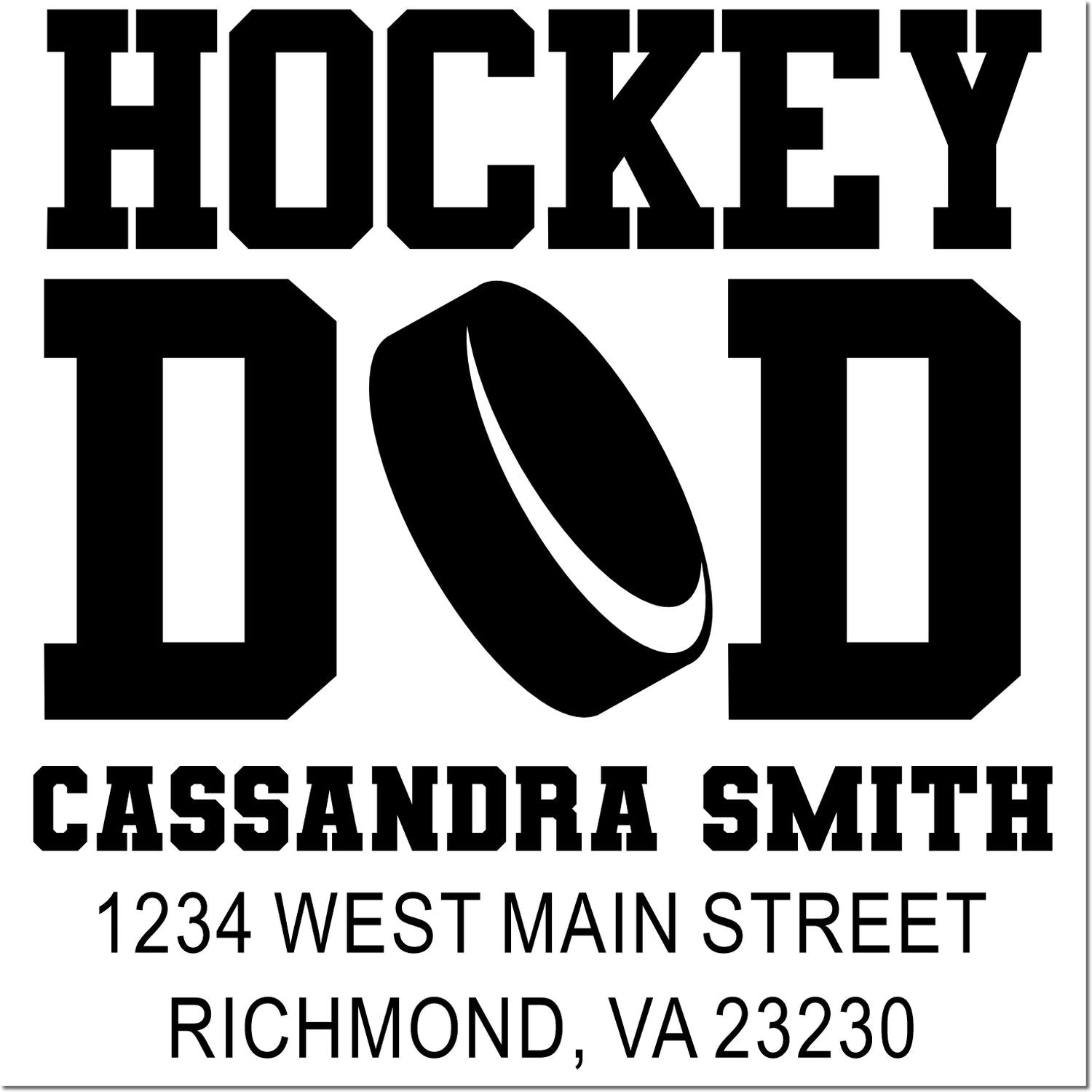 Custom hockey dad rubber stamp with personalized name and return address for Cassandra Smith, Richmond, VA.