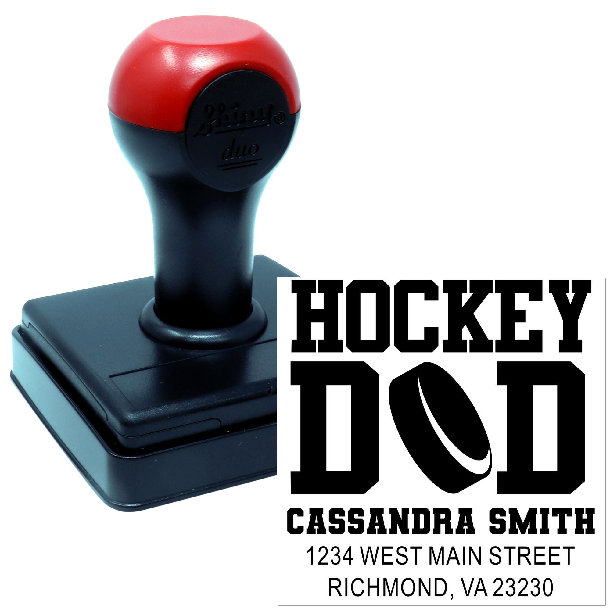 Custom hockey dad self-inking address rubber stamp with name and mailing address for personalized sports mail.