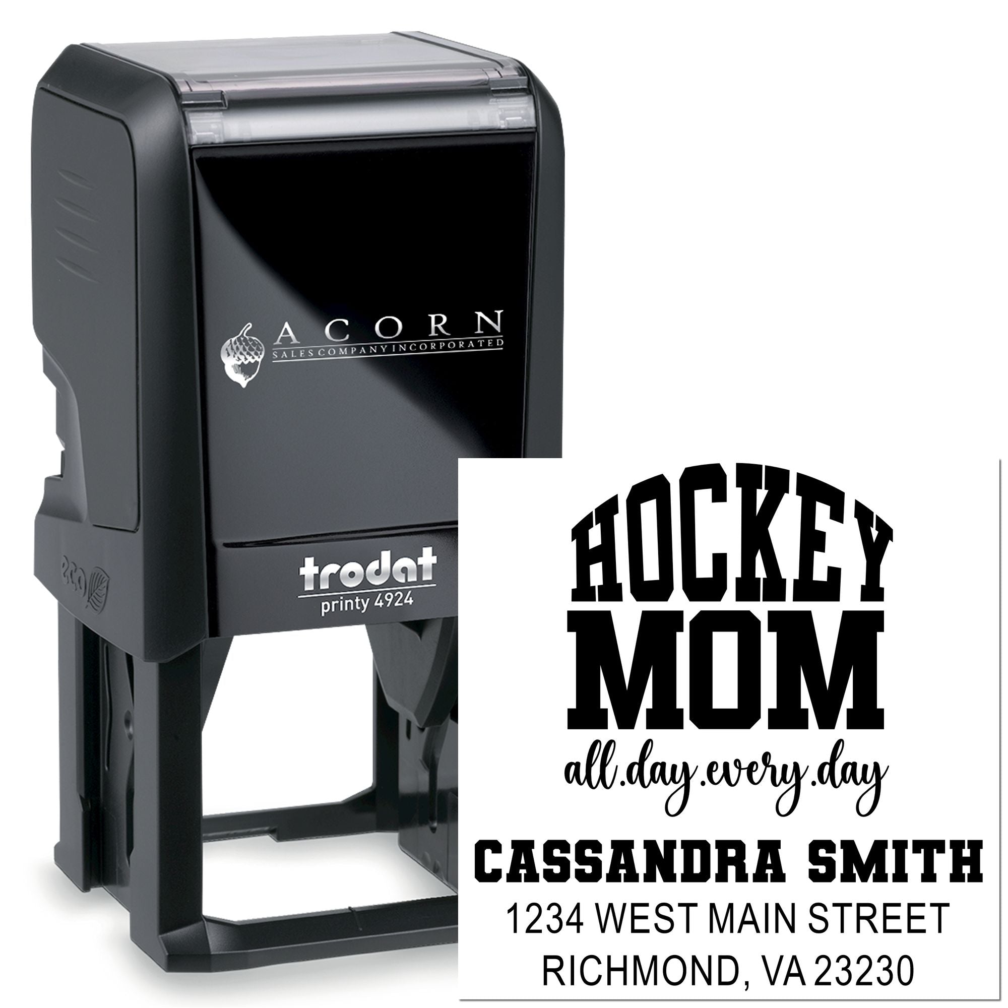 Custom self-inking rubber stamp, Trodat Printy 4924, with Hockey Mom design and address for personalized stamping.
