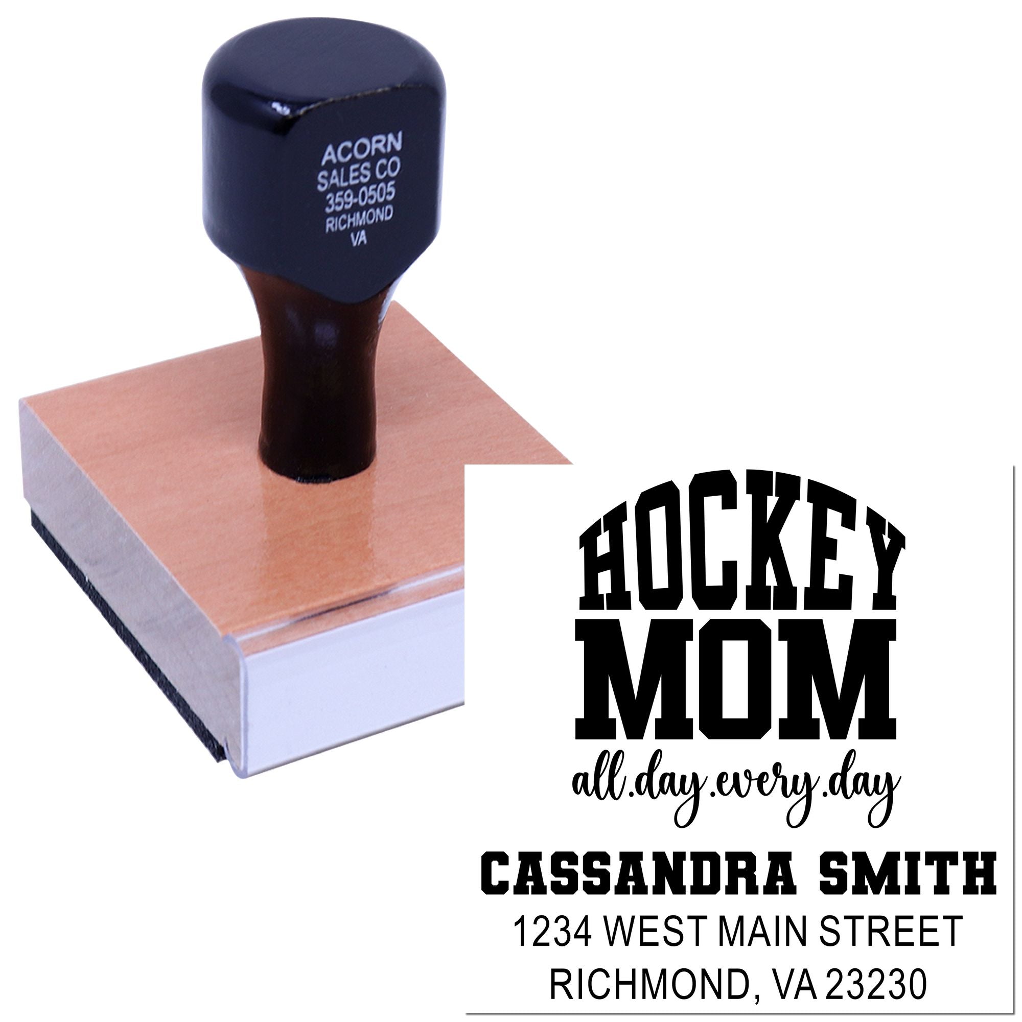 Personalized rubber stamp for Hockey Mom with name and address, shown on a wooden stamp block.