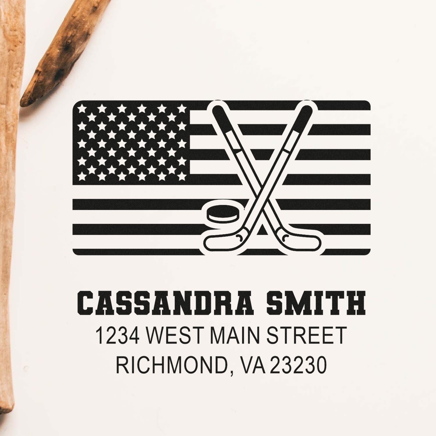 Custom hockey return address stamp with American flag, crossed sticks and puck, for Cassandra Smith in Richmond, VA.