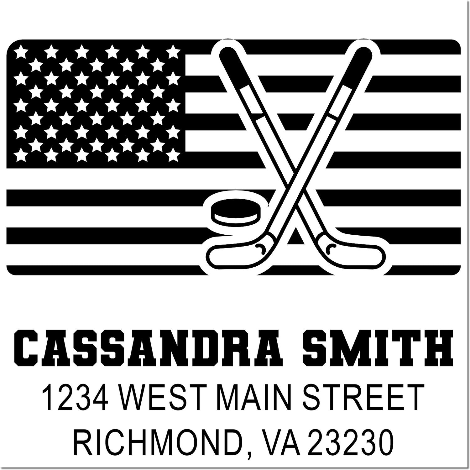 Custom hockey rubber stamp with American flag, crossed sticks and puck, plus Cassandra Smith name and Richmond, VA address.