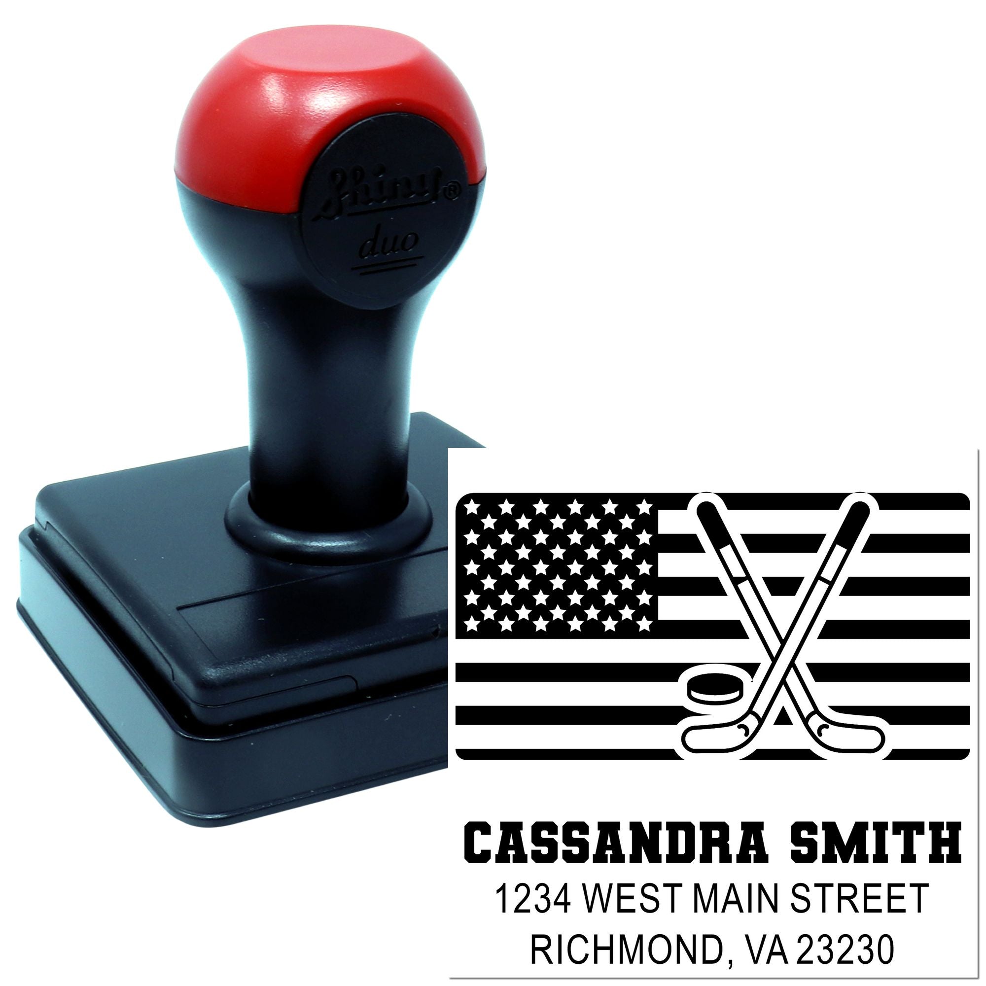 Custom self-inking rubber stamp with American flag hockey logo and return address for Cassandra Smith, Richmond, VA 23230