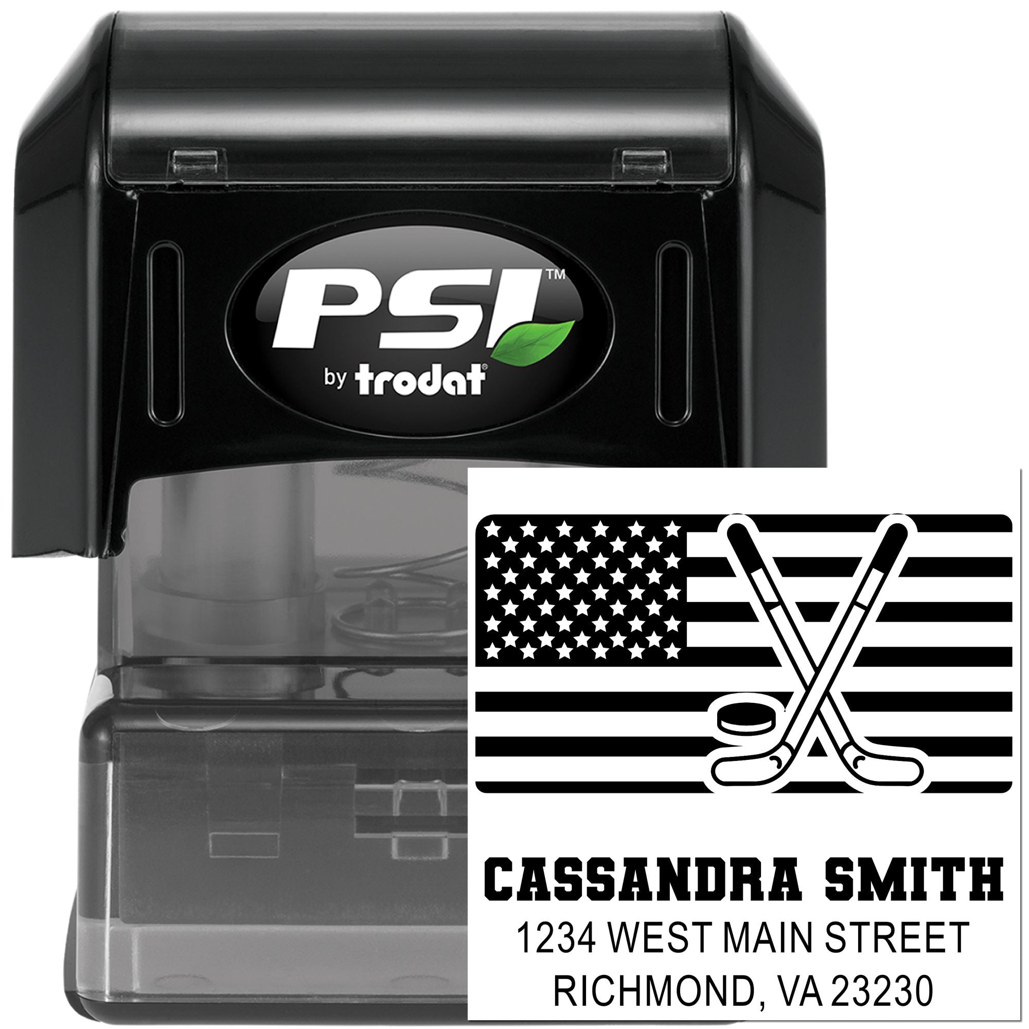 PSI by Trodat custom self-inking rubber stamp with hockey return address design and USA flag graphic