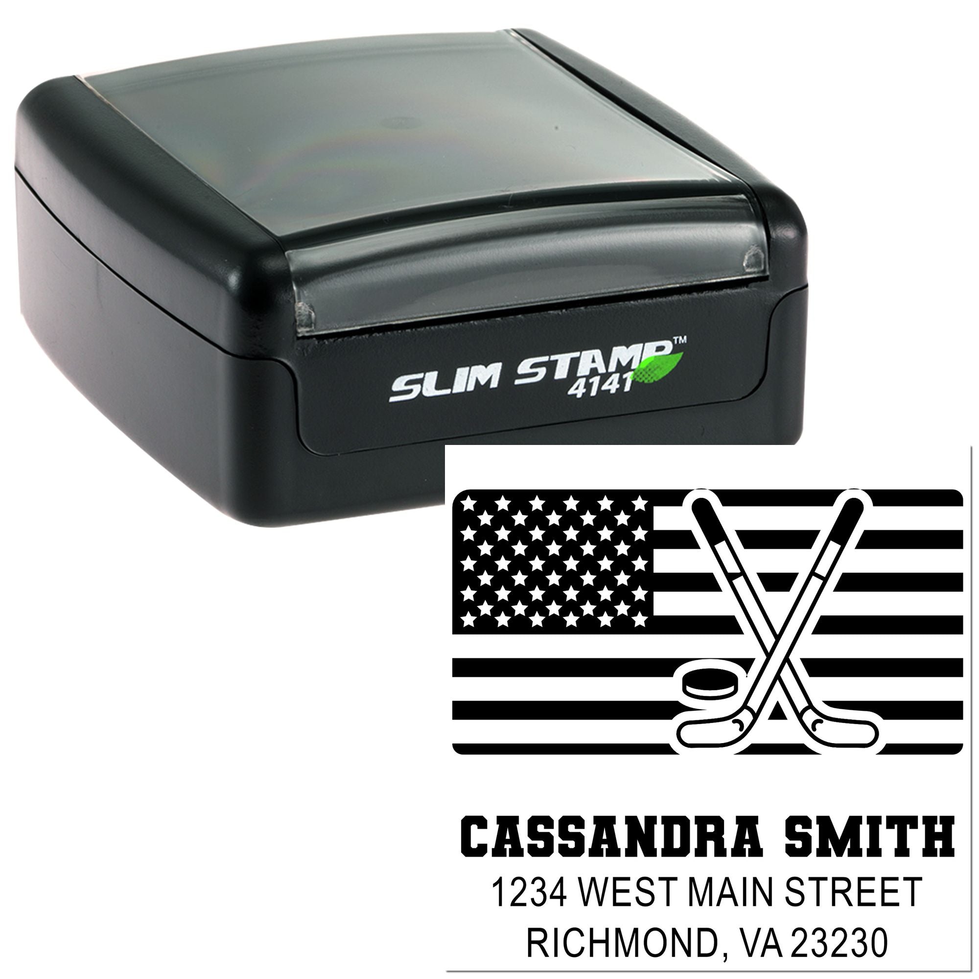 Slim Stamp 4141 self-inking rubber stamp with custom hockey address design and patriotic USA flag emblem for personalized mailing.