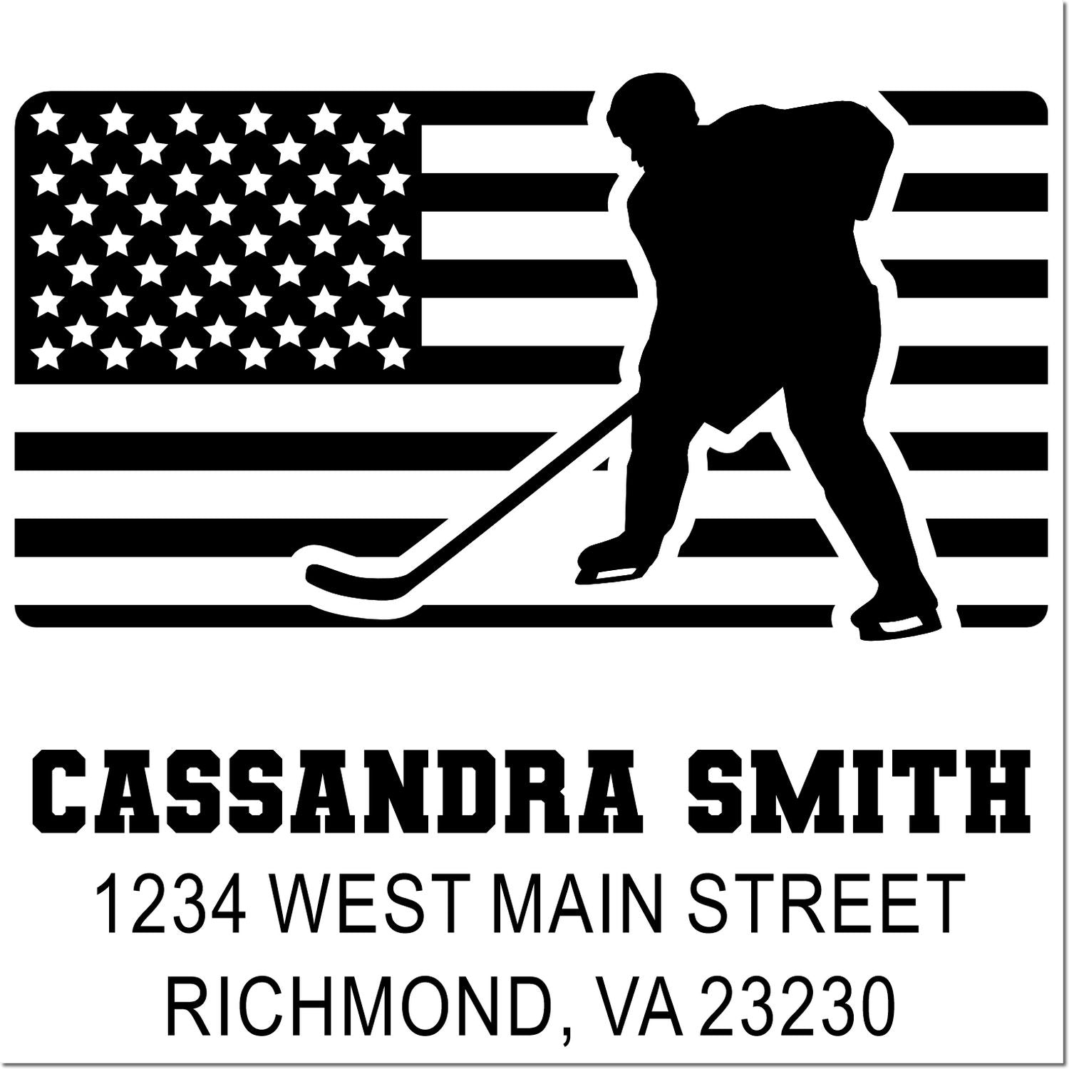 Custom hockey return address rubber stamp with American flag design for Cassandra Smith, Richmond, VA 23230.