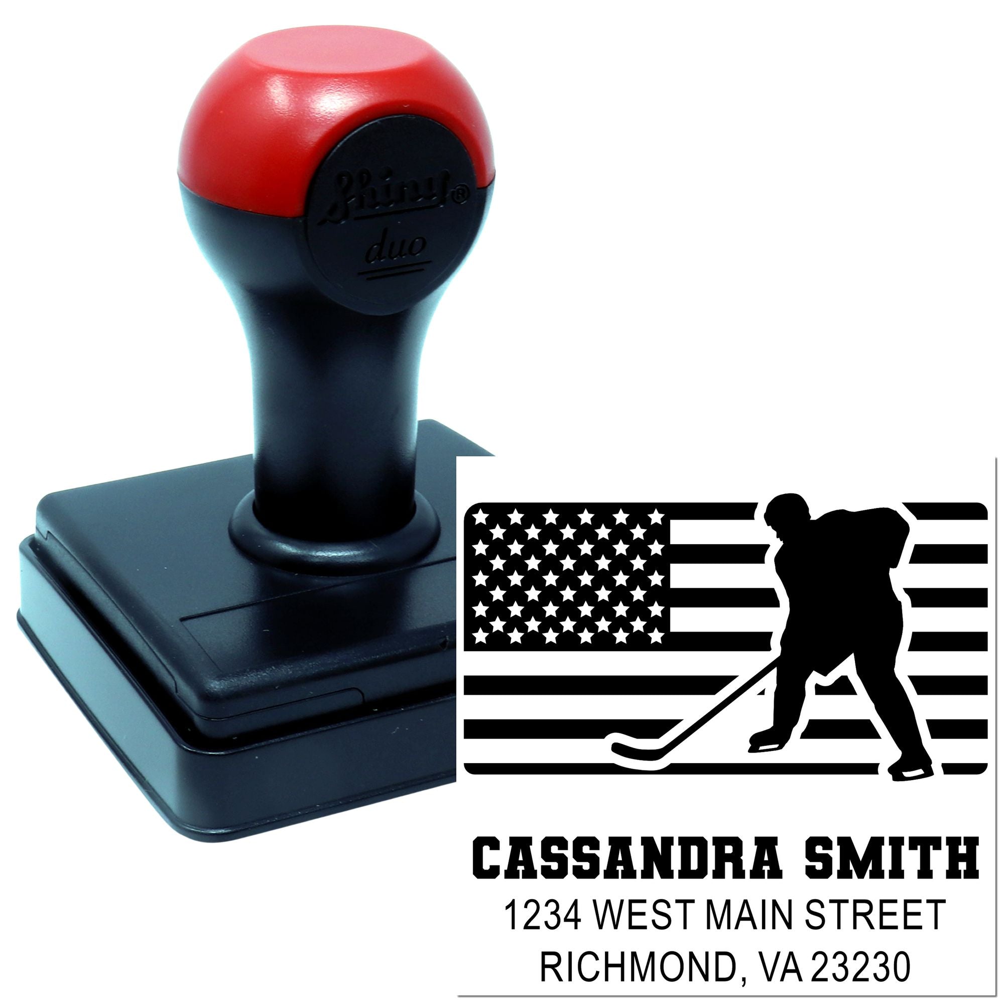 Custom self-inking hockey return address rubber stamp with USA flag design, Cassandra Smith name, and Richmond, VA address.