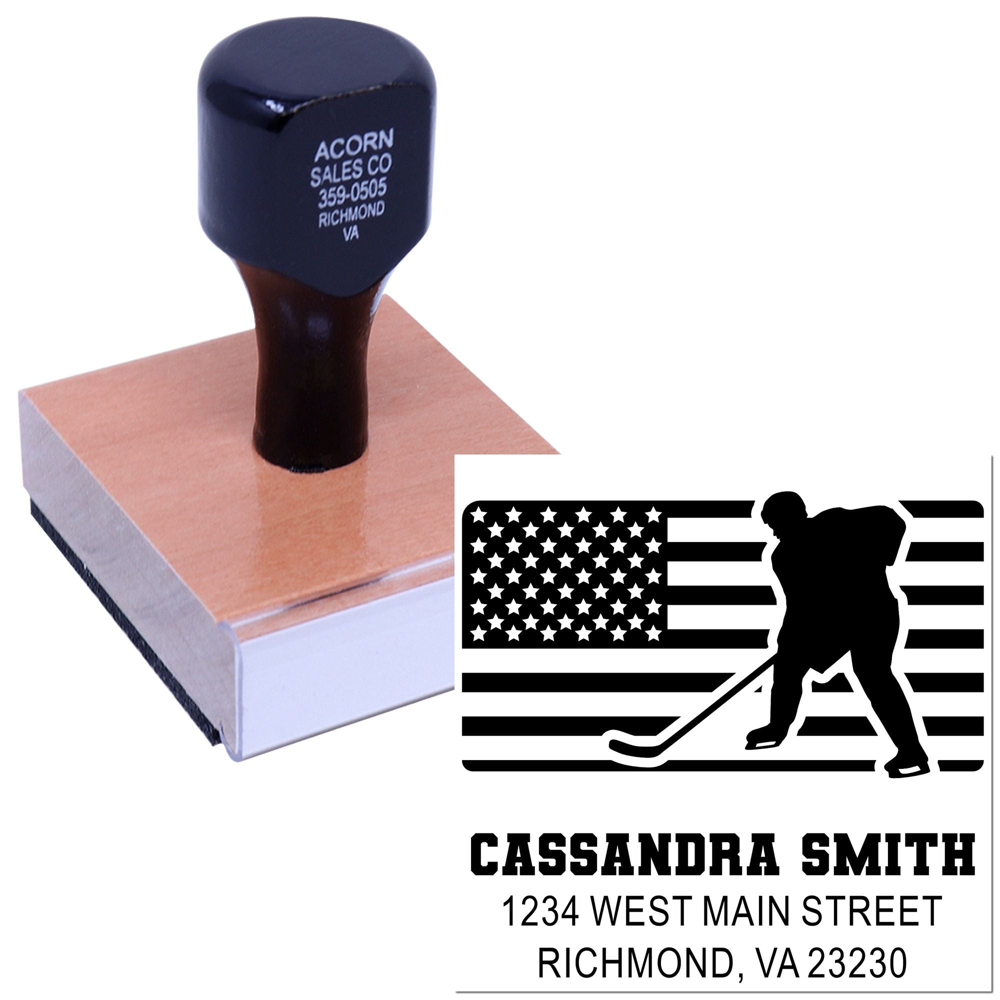 Custom rubber stamp with hockey player American flag design and personalized return address imprint for mailing and branding
