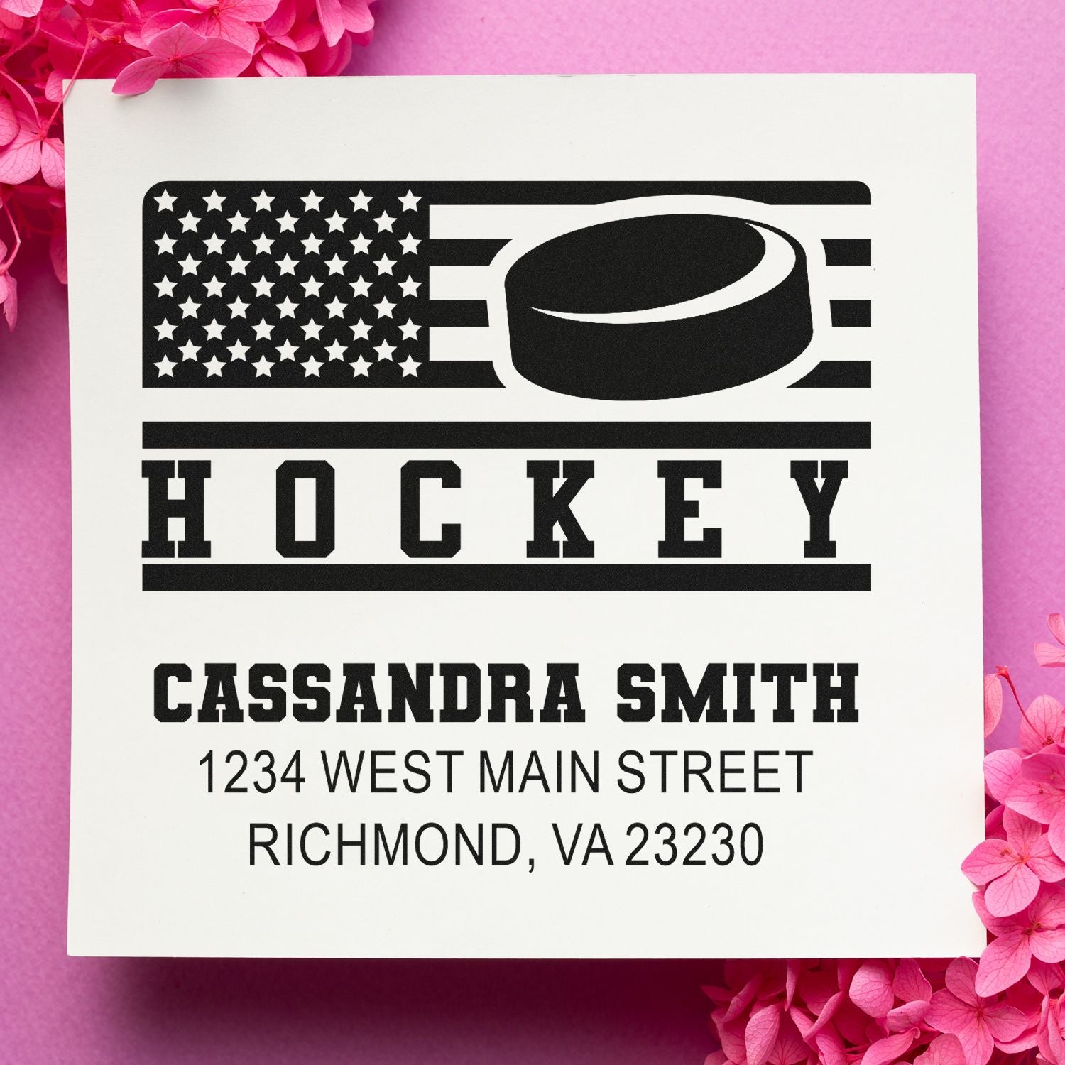 Custom hockey rubber stamp with puck design, personalized name and return address for mail and stationery.