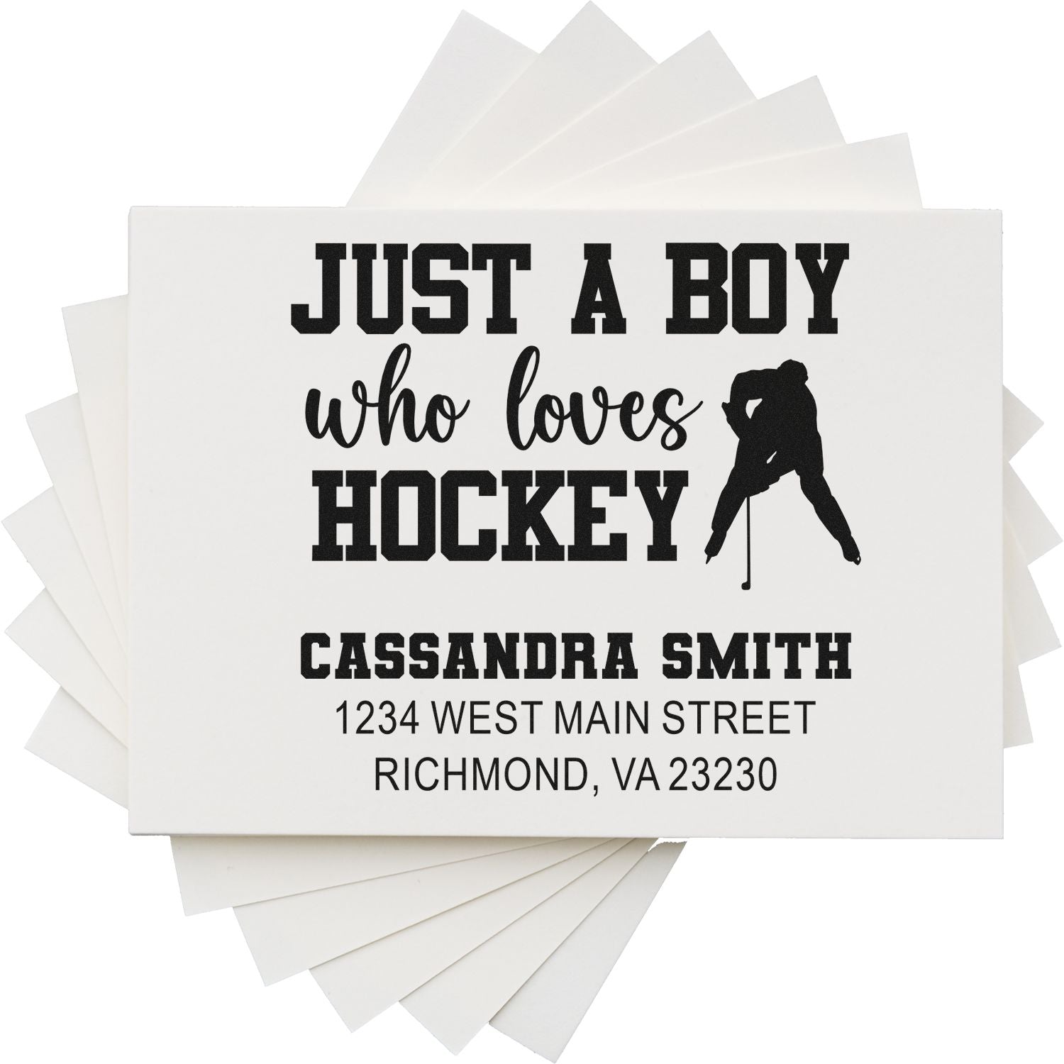 Custom hockey return address rubber stamp with Just a Boy Who Loves Hockey design, personalized with name and address.