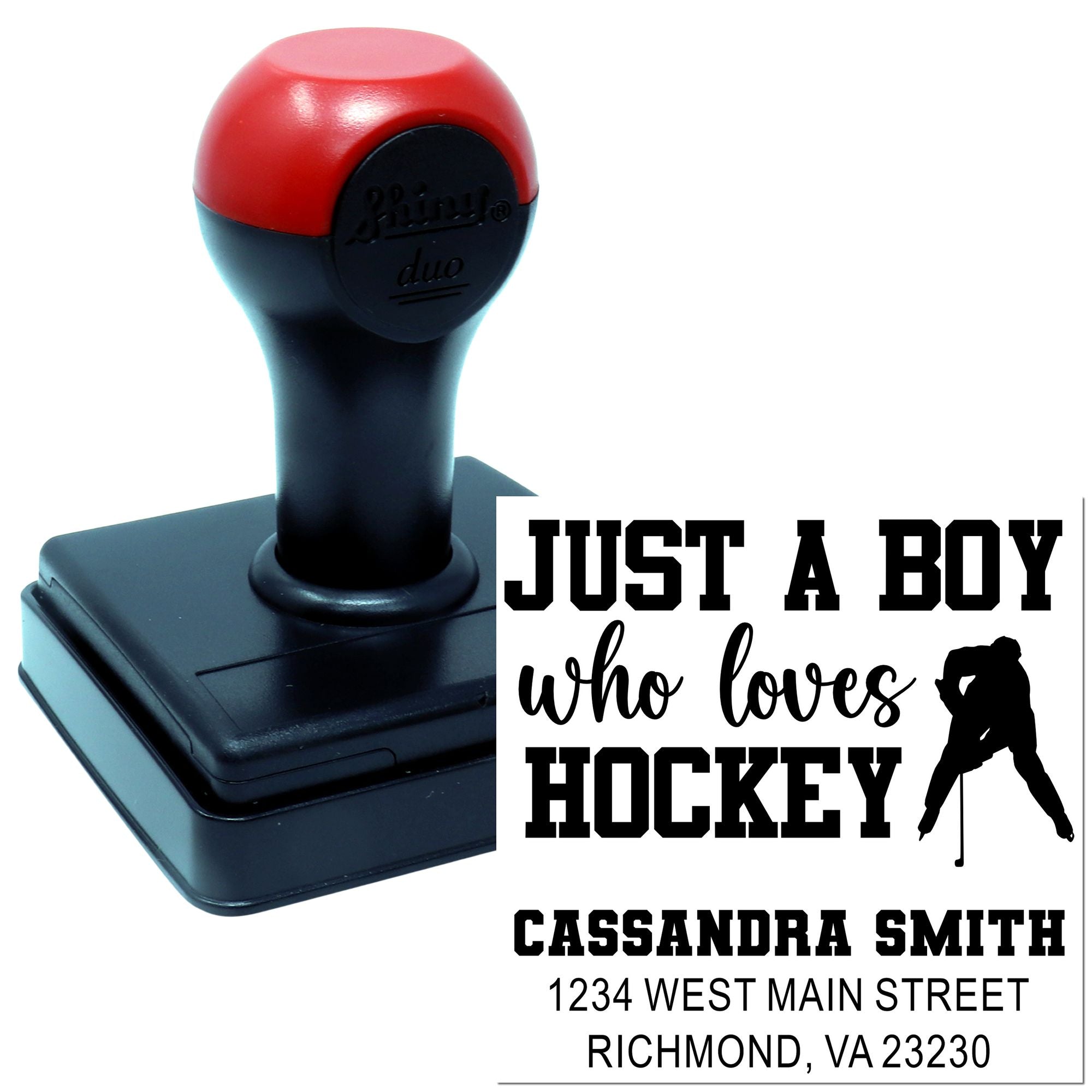 Personalized self-inking rubber stamp for hockey fans with name, address, and "Just a boy who loves hockey" design.