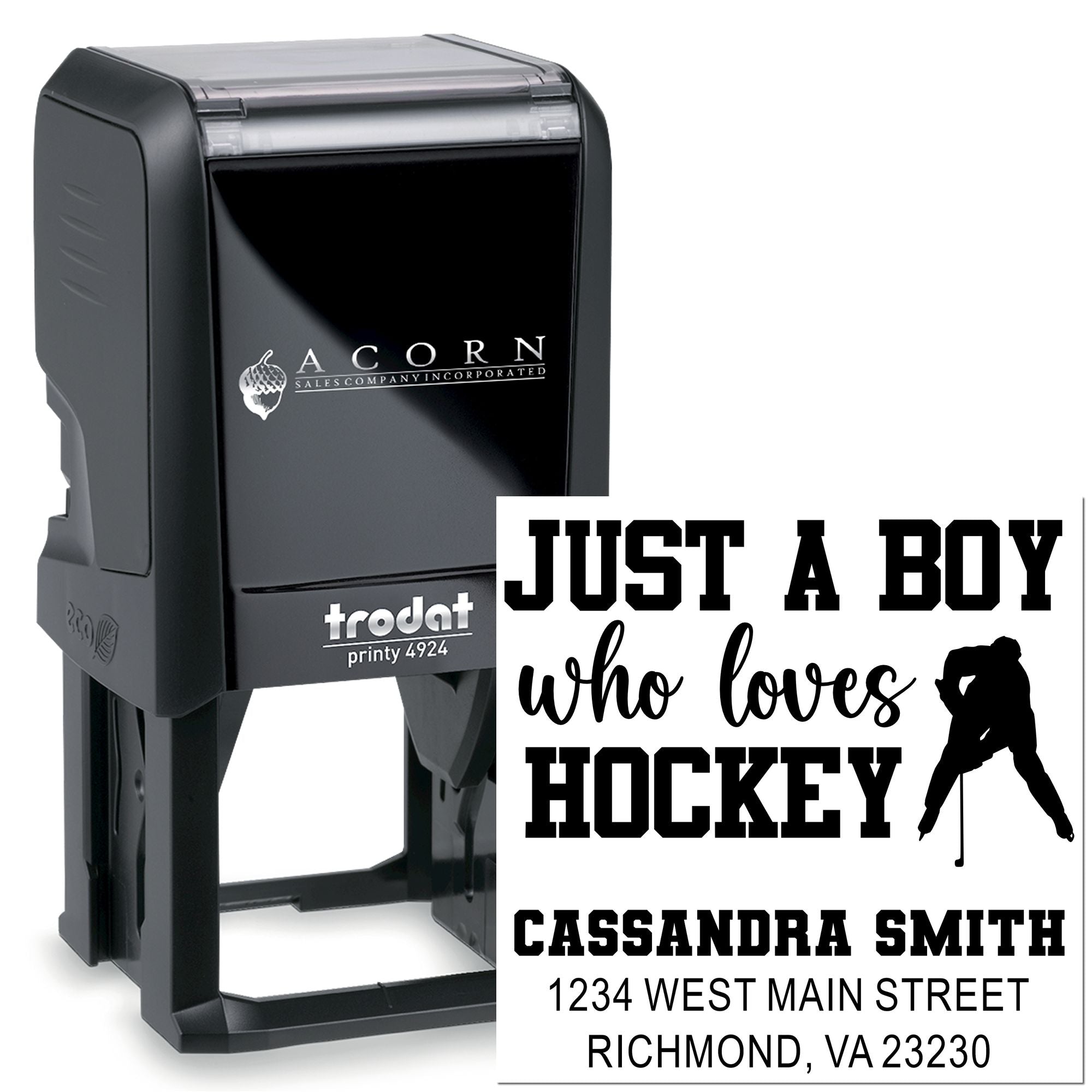 Custom hockey rubber stamp with self-inking Trodat design, personalized name, address, and Just a Boy Who Loves Hockey text.
