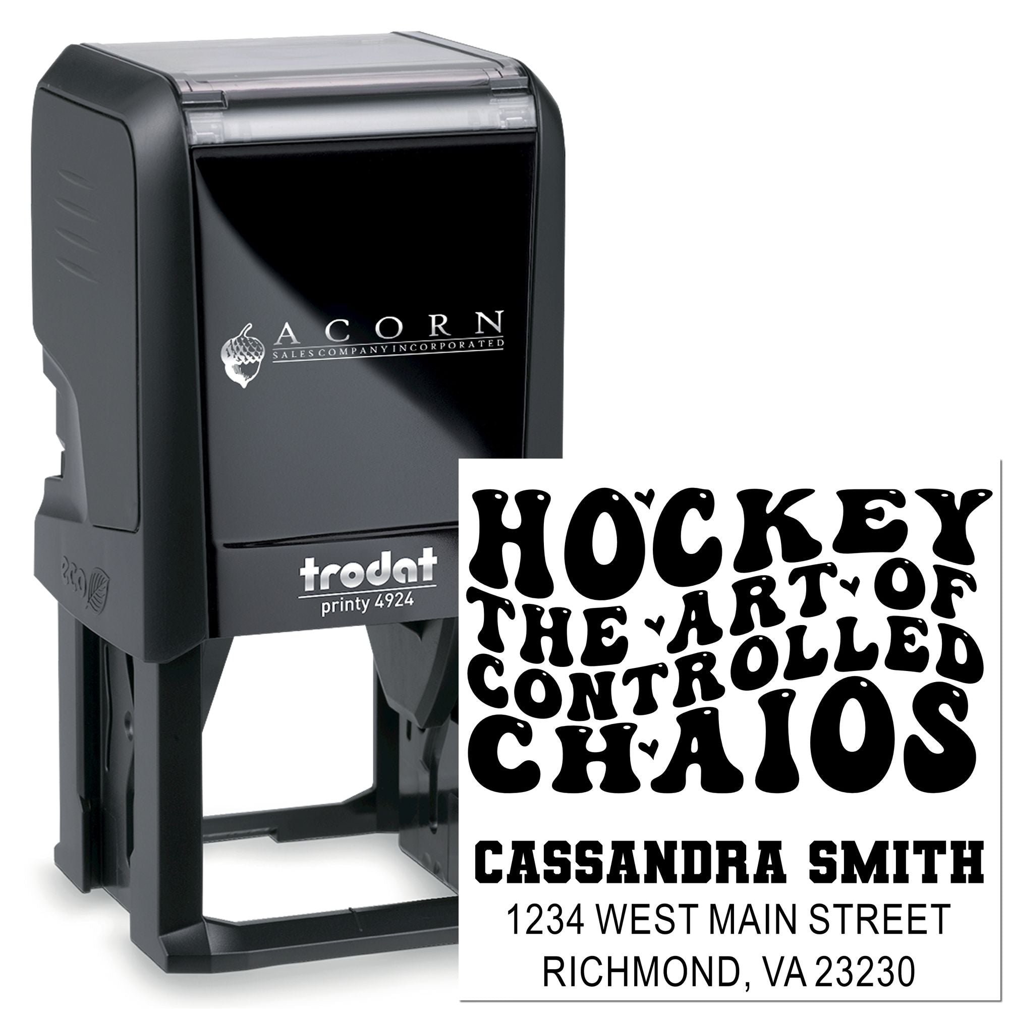 Custom self-inking rubber stamp with hockey-themed design, name and address imprint, ideal for personalized business stamping.