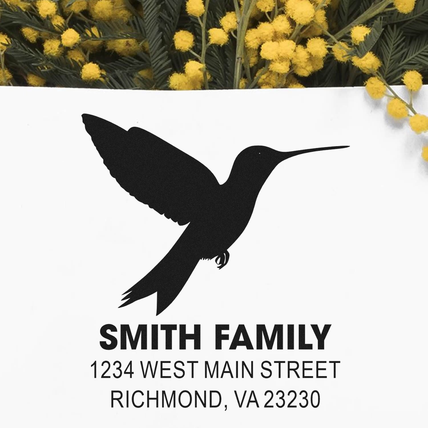 Personalized return address rubber stamp with hummingbird silhouette, Smith Family name, and Richmond, VA address