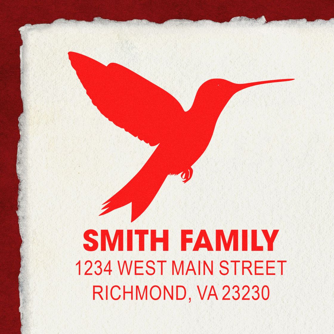 Custom rubber stamp with hummingbird design and Smith Family return address, 1234 West Main Street, Richmond, VA 23230.